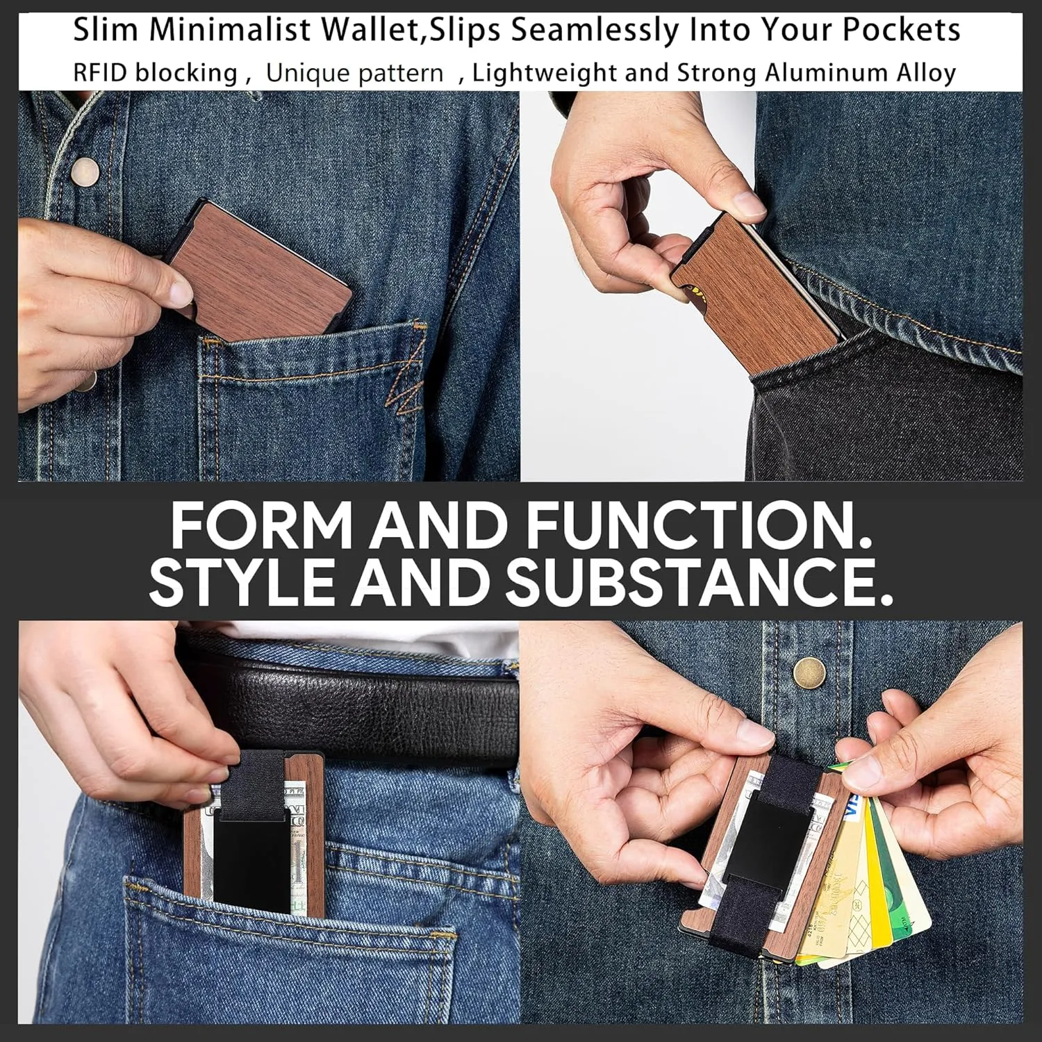 Minimalist Wallet for Men,Slim RFID Blocking Wallet,Durable Expandable Compact Plate, Matel Credit Card Holder,Cash Strap/Money Clip (Matte Walnut)