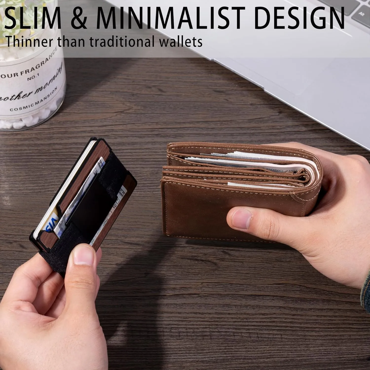 Minimalist Wallet for Men,Slim RFID Blocking Wallet,Durable Expandable Compact Plate, Matel Credit Card Holder,Cash Strap/Money Clip (Matte Walnut)