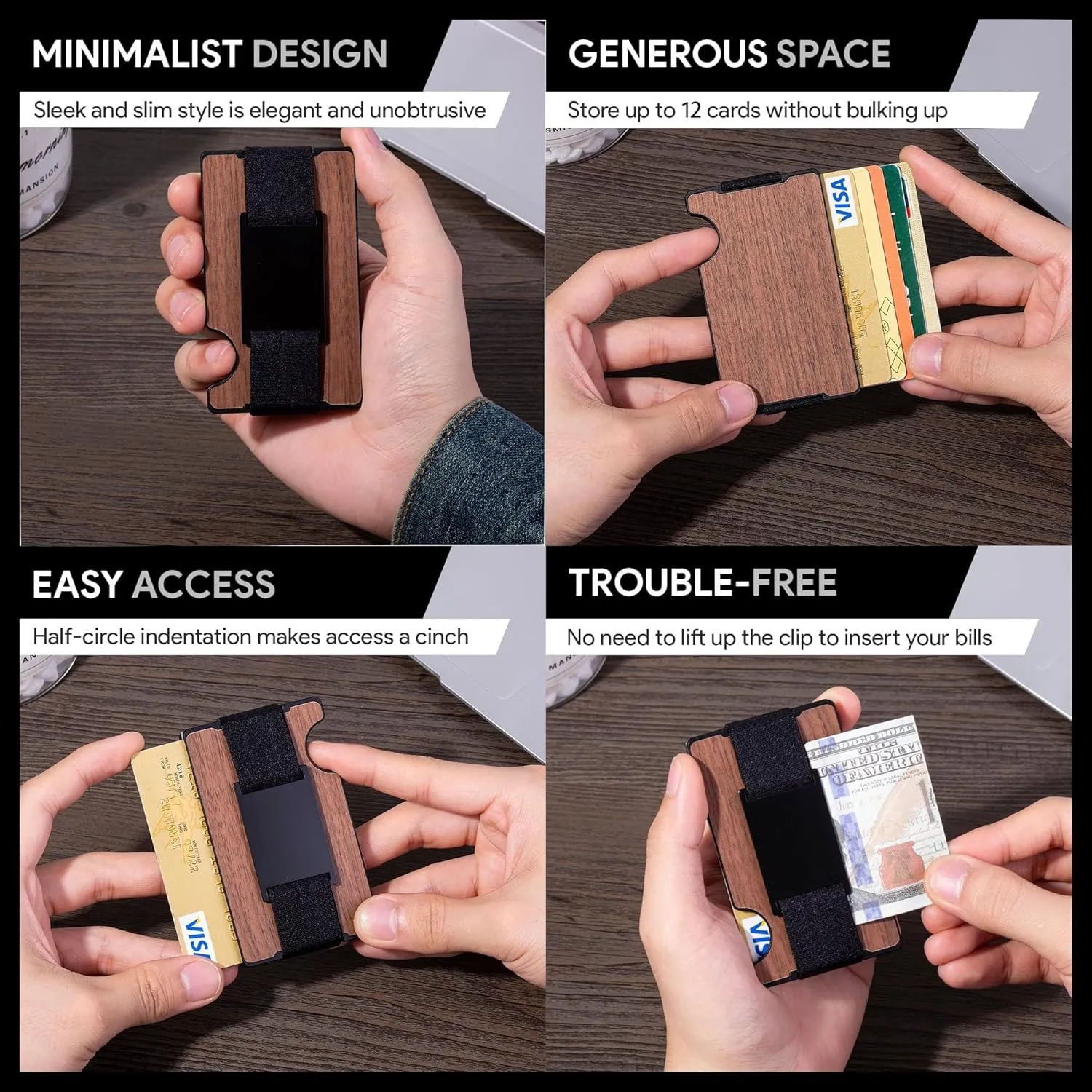 Minimalist Wallet for Men,Slim RFID Blocking Wallet,Durable Expandable Compact Plate, Matel Credit Card Holder,Cash Strap/Money Clip (Matte Walnut)