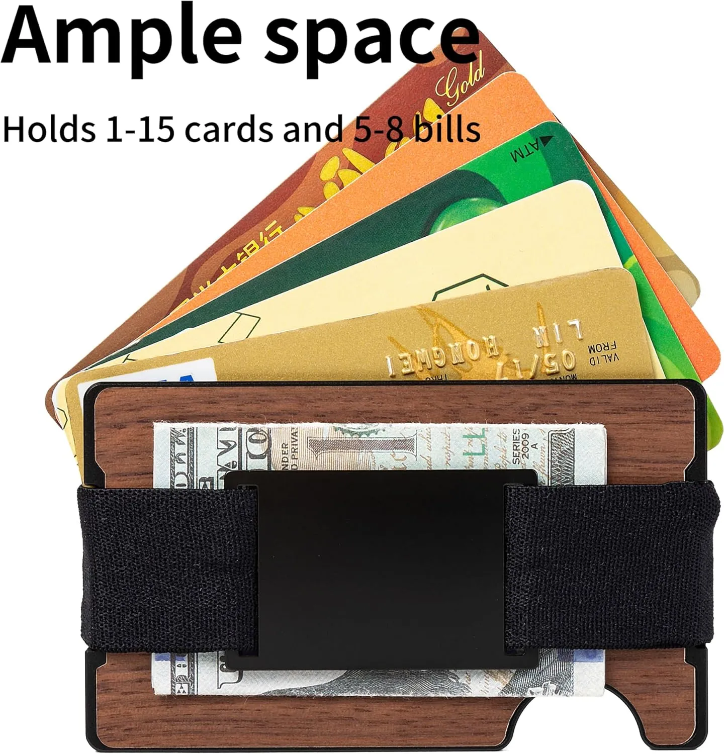 Minimalist Wallet for Men,Slim RFID Blocking Wallet,Durable Expandable Compact Plate, Matel Credit Card Holder,Cash Strap/Money Clip (Matte Walnut)