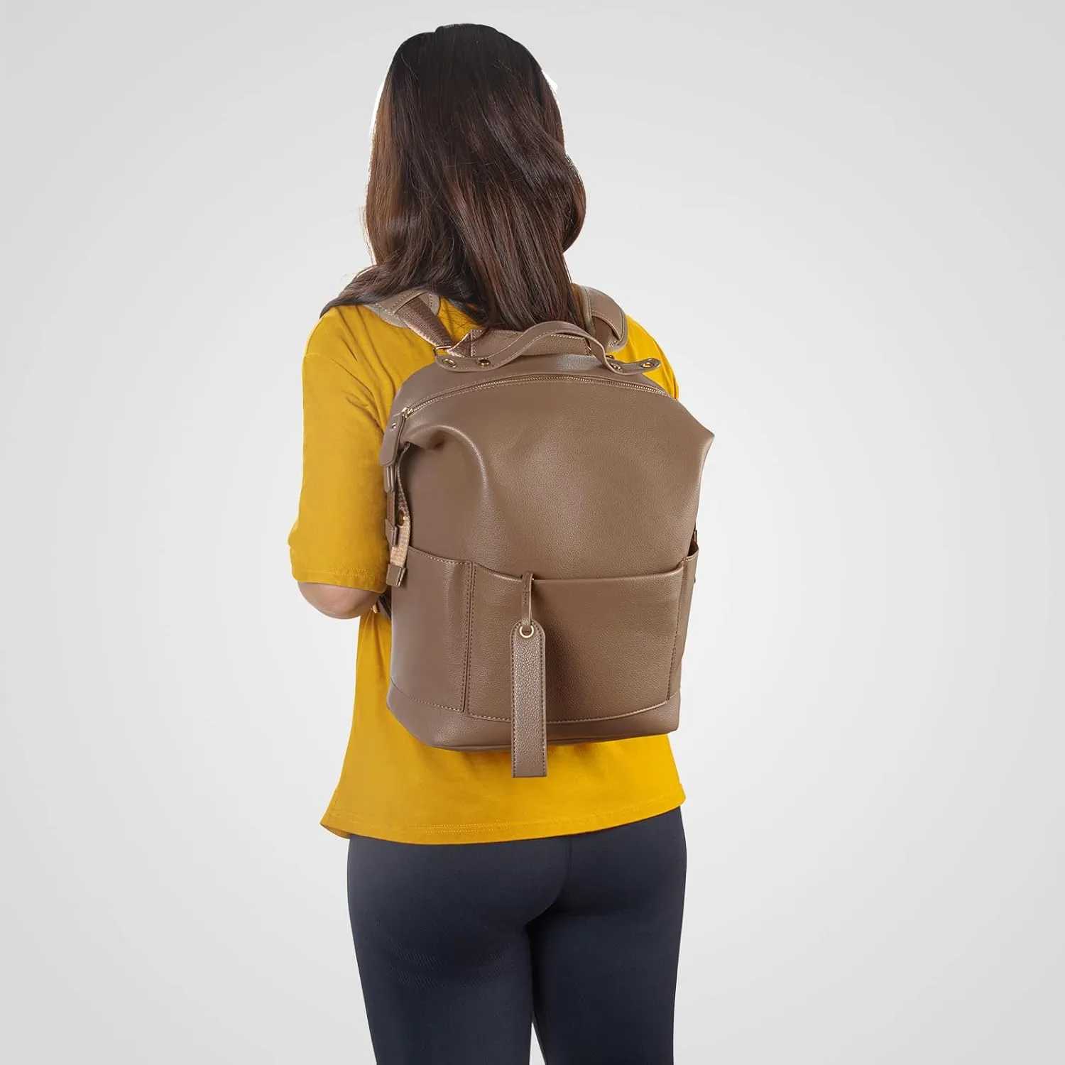 Minsong Diaper Bag Backpack, Waterproof Leather Diaper Bags With Changing Station for Baby, Fashion Nappy Travel Backpack for Mom Dad (Khaki)