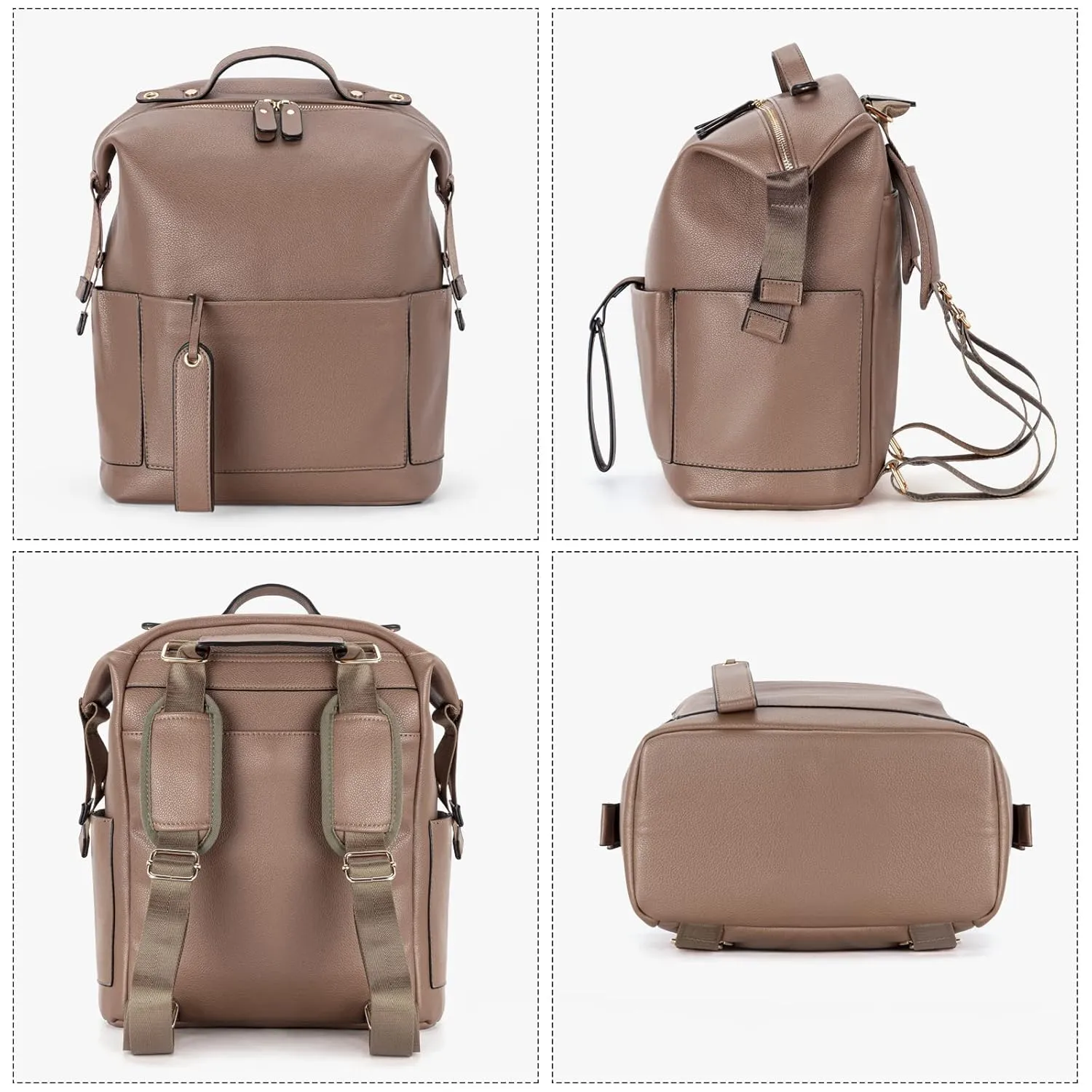 Minsong Diaper Bag Backpack, Waterproof Leather Diaper Bags With Changing Station for Baby, Fashion Nappy Travel Backpack for Mom Dad (Khaki)