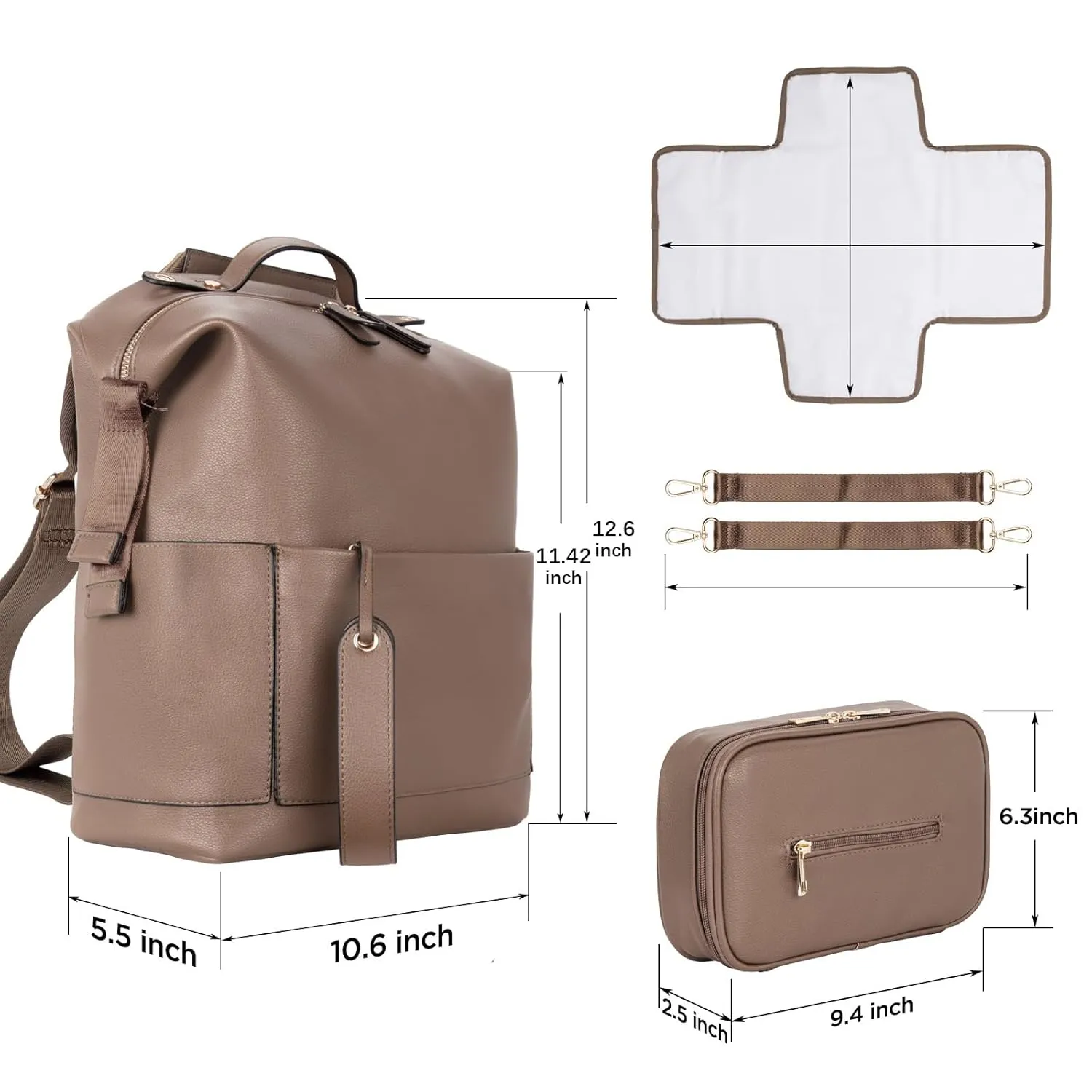 Minsong Diaper Bag Backpack, Waterproof Leather Diaper Bags With Changing Station for Baby, Fashion Nappy Travel Backpack for Mom Dad (Khaki)