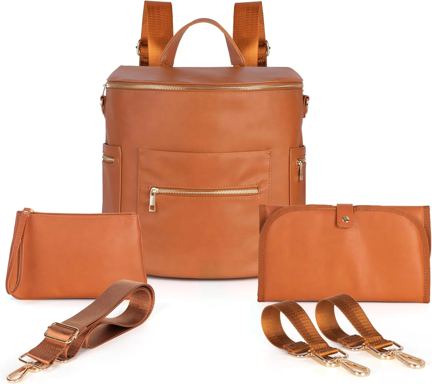 Minsong Fashion Leather Diaper Bag Women Backpack Purse, Mommy Travel Diaper Bag for Baby with Changing Pad Stroller Straps (Brown 33)
