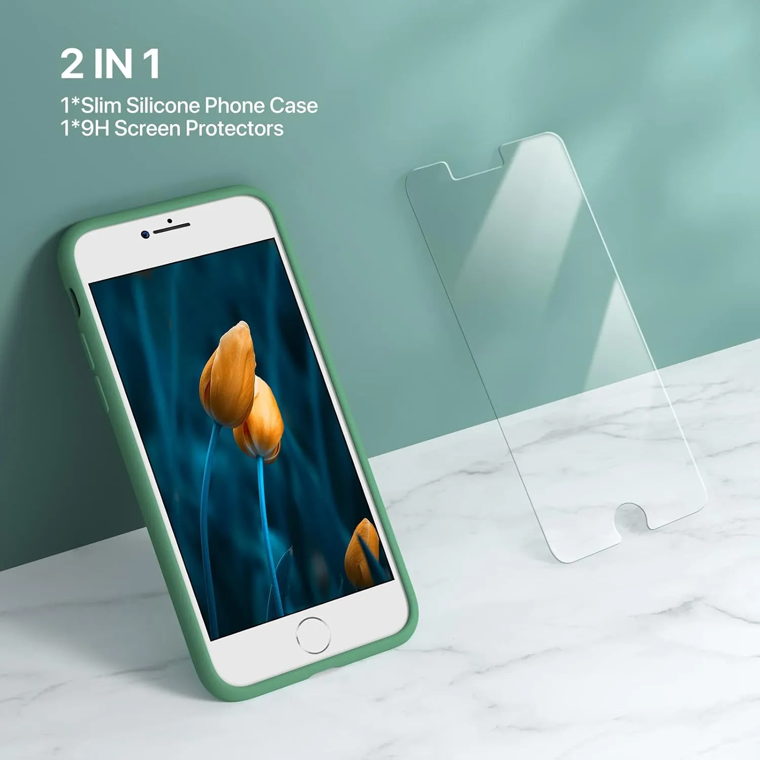 Miracase Ultra Slim Designed for iPhone SE Case 2022(3rd Gen)/iPhone SE 2020 Case(2nd Gen)/iPhone 7 Case/iPhone 8 Case with Screen Protector, Multi-Color Silicone Shockproof Phone Case(Acacia Green)