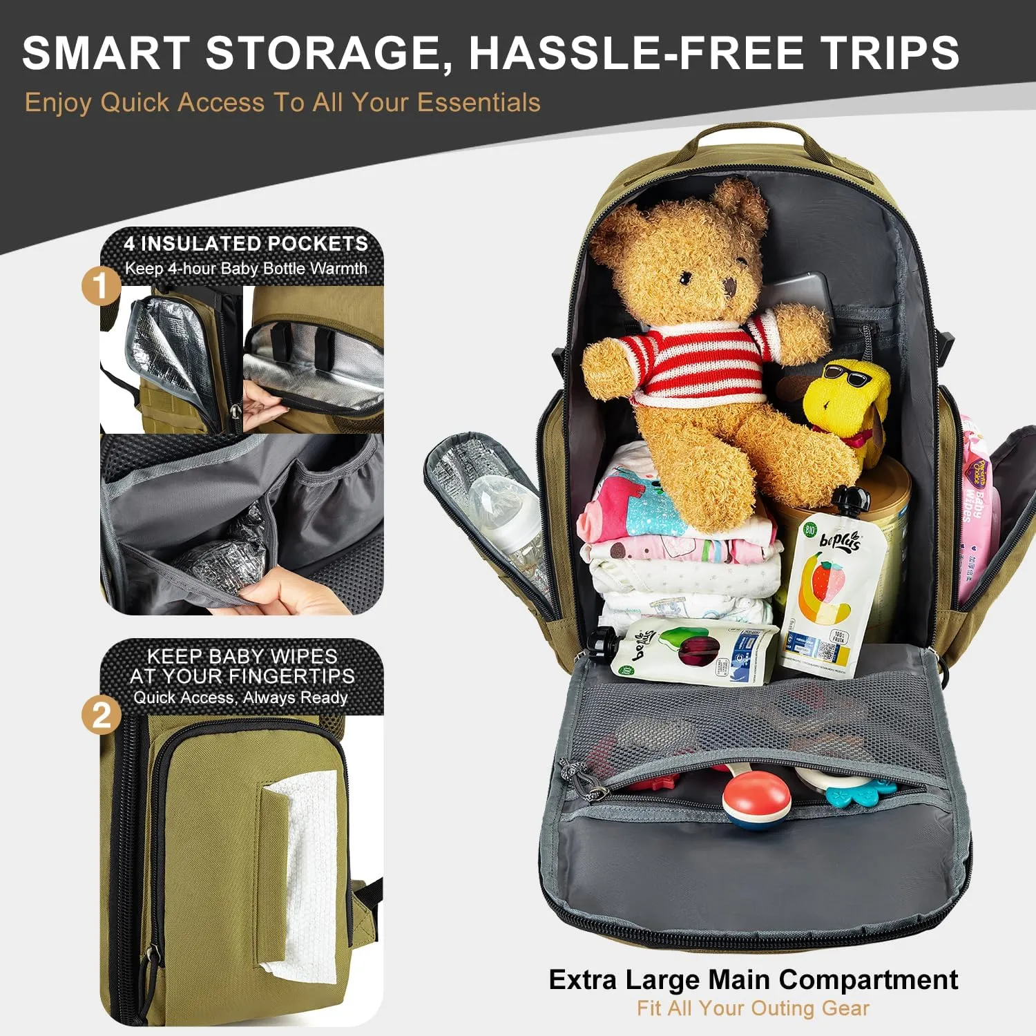 MIRACOL Military Diaper Bag for Dad - Large Diaper Backpack with 12  Compartments - Insulated Bottle Pockets Quick-Access Wipe Dispenser for Travel Hiking Camping Tan