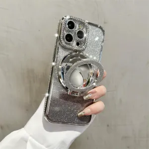 Mirror Kickstand Glitter Diamond Case for iPhone 15 14 13 12 Pro Max,Magnetic Stand Holder,Camera Lens Protector Compatible with Magsafe, Rhinesetone Bing Cover Case (Silve,for iPhone 15)