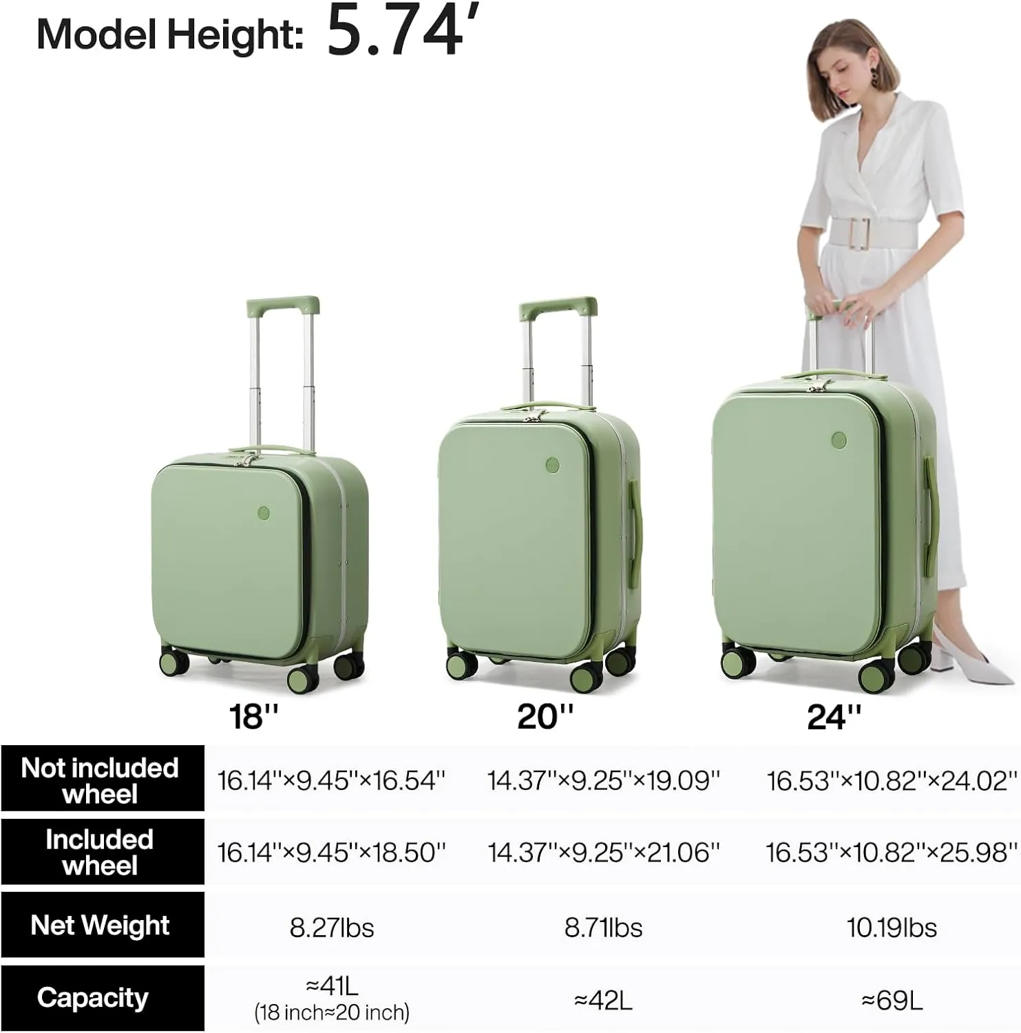 mixi Carry On Luggage, 18” Suitcase with Front Laptop Pocket, Travel Luggage Aluminum Frame PC Hardside with Spinner Wheels & TSA Lock and Cover (Not for Underseat), Avocado Green