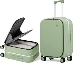 Mixi Carry On Luggage, 20'' Suitcase with Front Laptop Pocket, Travel Rolling Luggage Aluminum Frame PC Hardside with Spinner Wheels & TSA Lock and Cover - Avocado Green