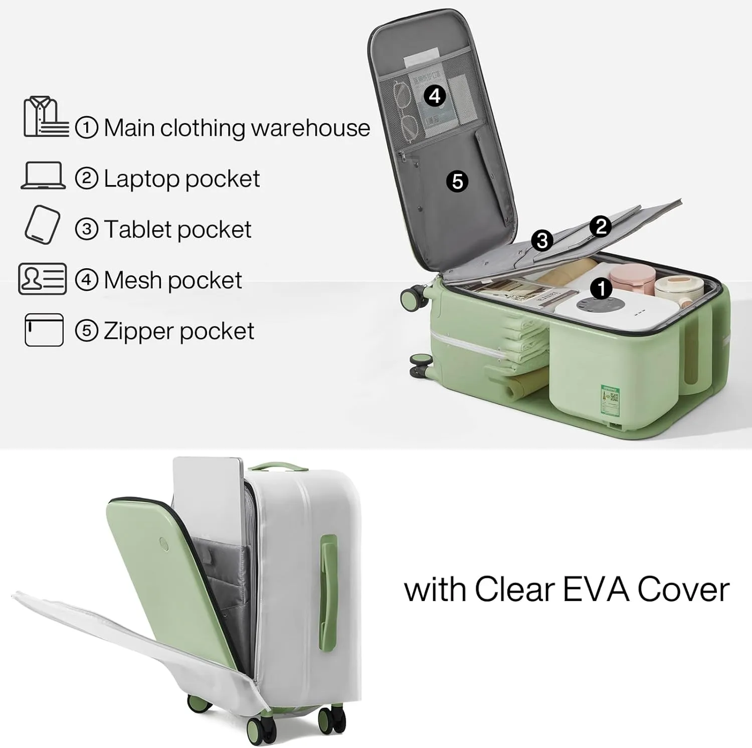 Mixi Carry On Luggage, 20'' Suitcase with Front Laptop Pocket, Travel Rolling Luggage Aluminum Frame PC Hardside with Spinner Wheels & TSA Lock and Cover - Avocado Green