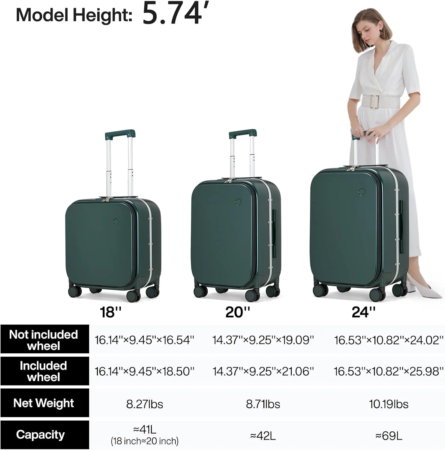 mixi Carry On Luggage, 20'' Suitcase with Front Laptop Pocket, Travel Rolling Luggage Aluminum Frame PC Hardside with Spinner Wheels & TSA Lock and Cover - Blackish Green