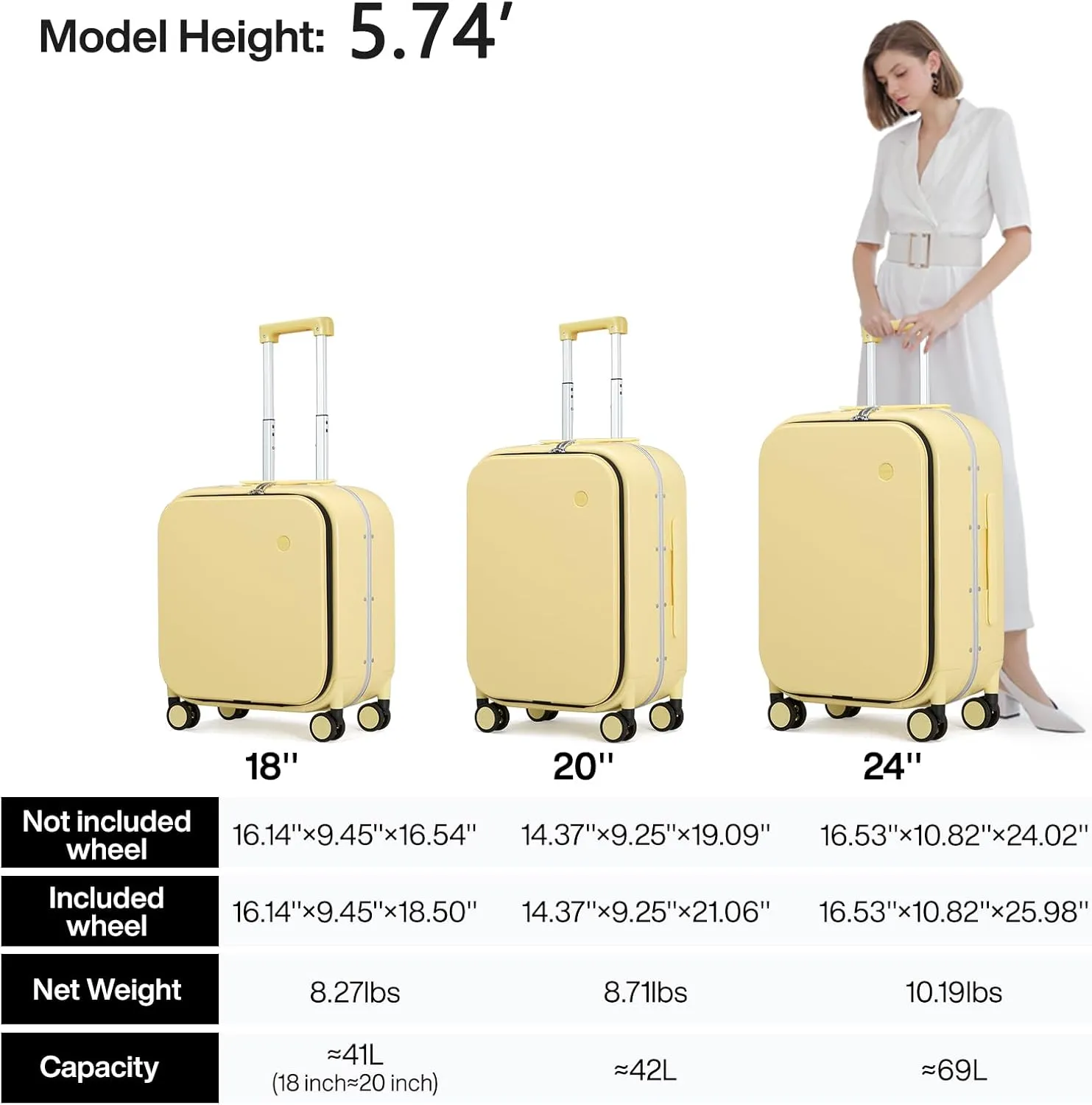 mixi Carry On Luggage, 20'' Suitcase with Front Laptop Pocket, Travel Rolling Luggage Aluminum Frame PC Hardside with Spinner Wheels & TSA Lock and Cover - Lark Yellow