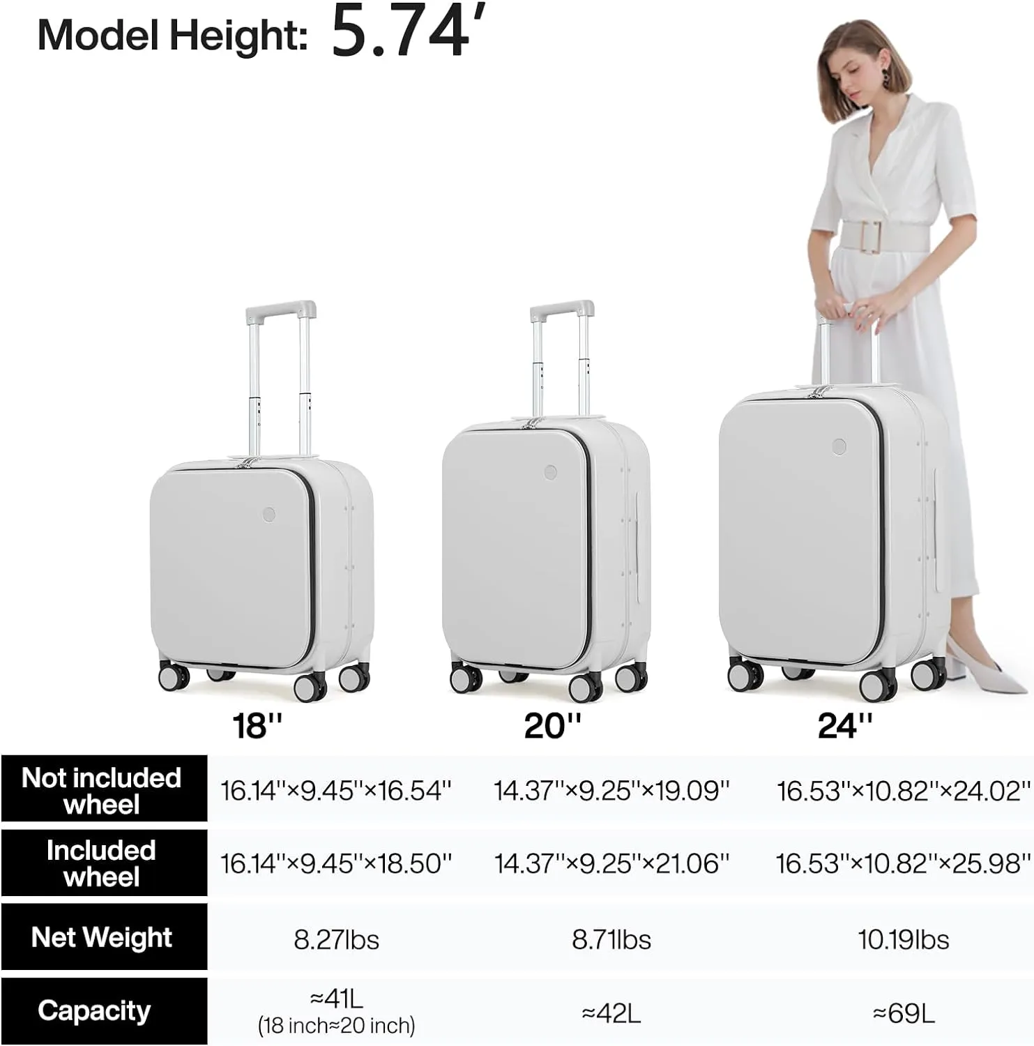 mixi Carry On Luggage, 20'' Suitcase with Front Laptop Pocket, Travel Rolling Luggage Aluminum Frame PC Hardside with Spinner Wheels & TSA Lock and Cover - Smoke White