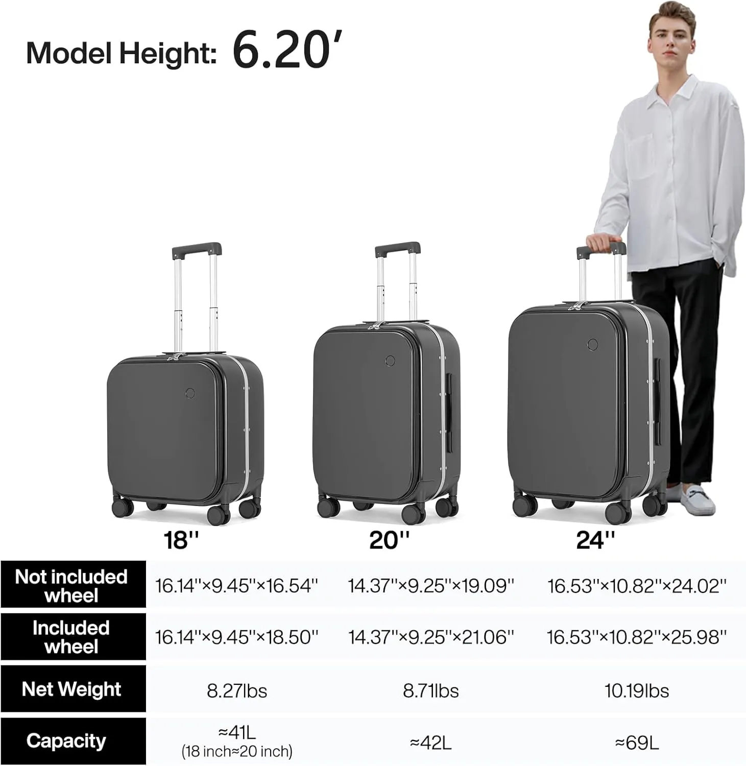 Mixi Luggage Suitcase with Spinner Wheels, 24'' Checked Travel Luggage Aluminum Frame PC Hardside with TSA Lock & Cover - Rock Gray