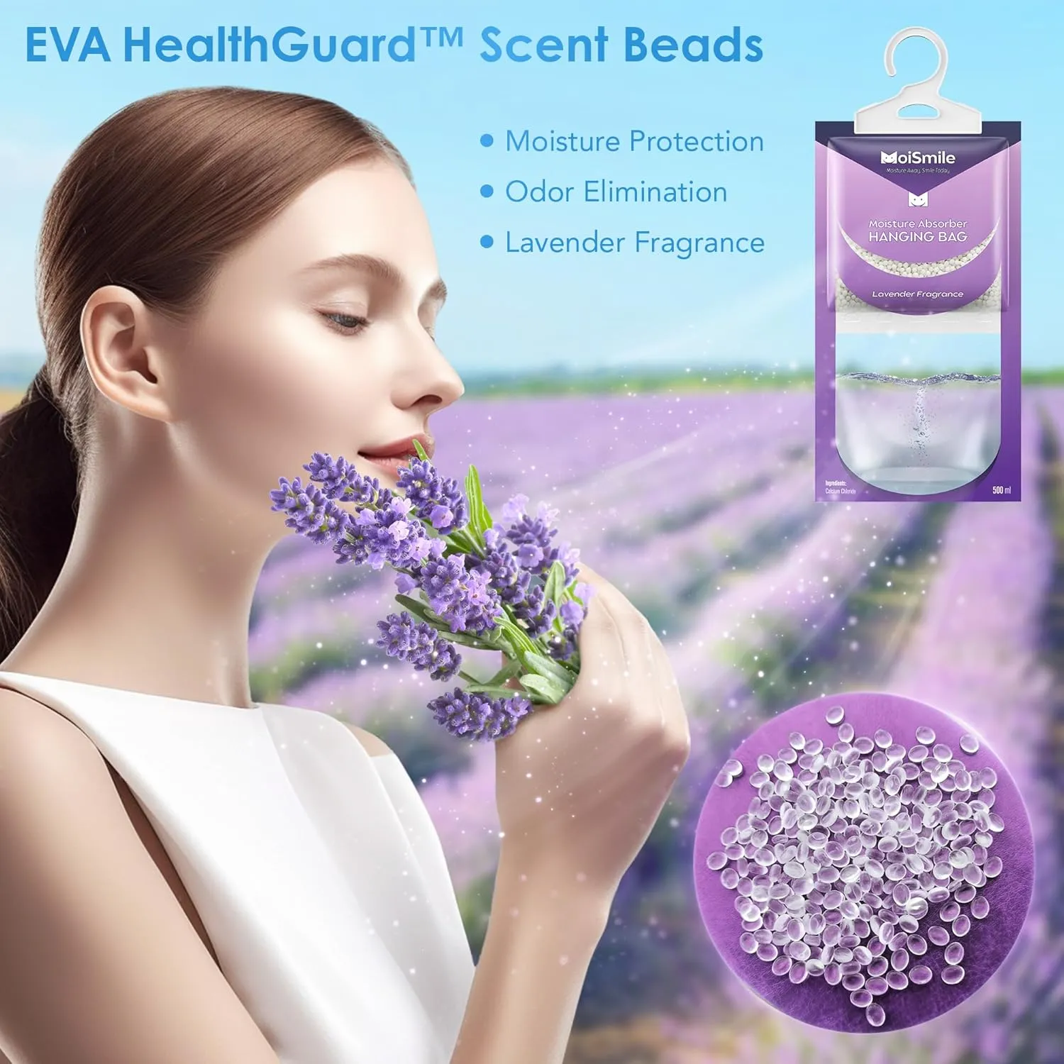 Moisture Absorbers Packets 10 Pack, Hanging Closet Dehumidifier Bags, Humidity Packs with Lavender Fragrance, Closet Dehumidifier for Car, Bathroom, Bedroom, Basement, 9.8OZ