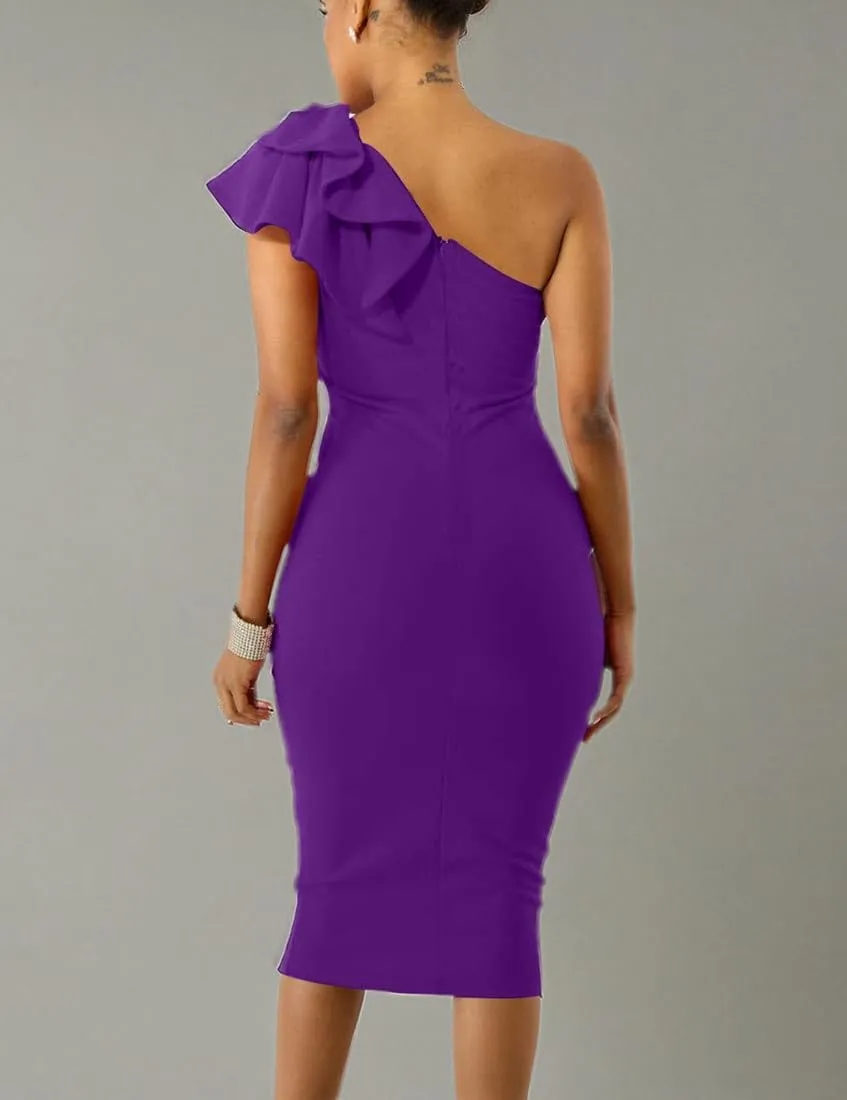 Mokoru Women's Sexy Ruffle One Shoulder Bodycon Elegant Cocktail Party Midi Dresses