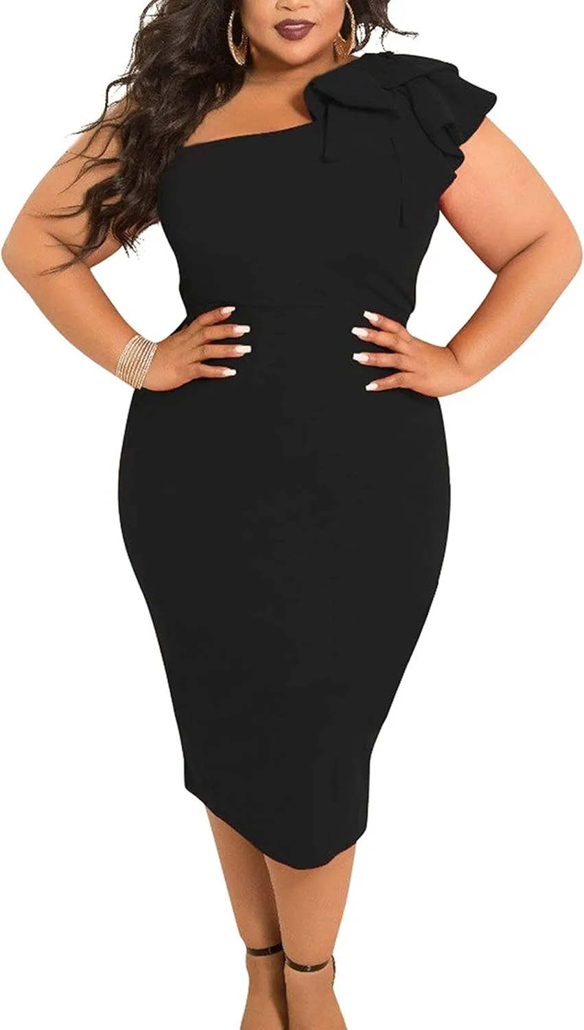 Mokoru Women's Sexy Ruffle One Shoulder Bodycon Elegant Cocktail Party Midi Dresses