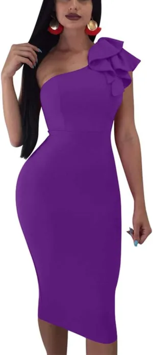 Mokoru Women's Sexy Ruffle One Shoulder Bodycon Elegant Cocktail Party Midi Dresses