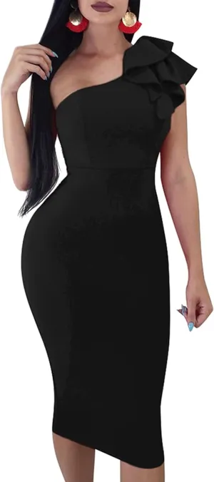 Mokoru Women's Sexy Ruffle One Shoulder Bodycon Elegant Cocktail Party Midi Dresses