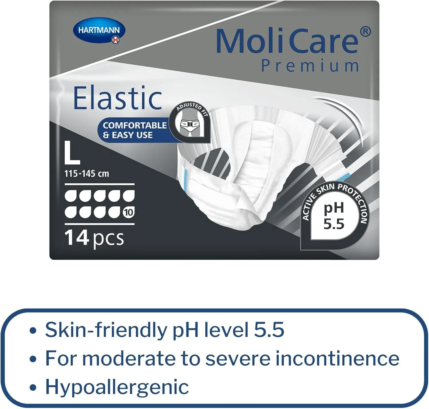 MoliCare Premium Incontinence Brief, 10D - Heavy Absorbency Adult Diaper with Refastenable Tabs - Unisex, Size Large, 14 Count, 4 Packs, 56 Total
