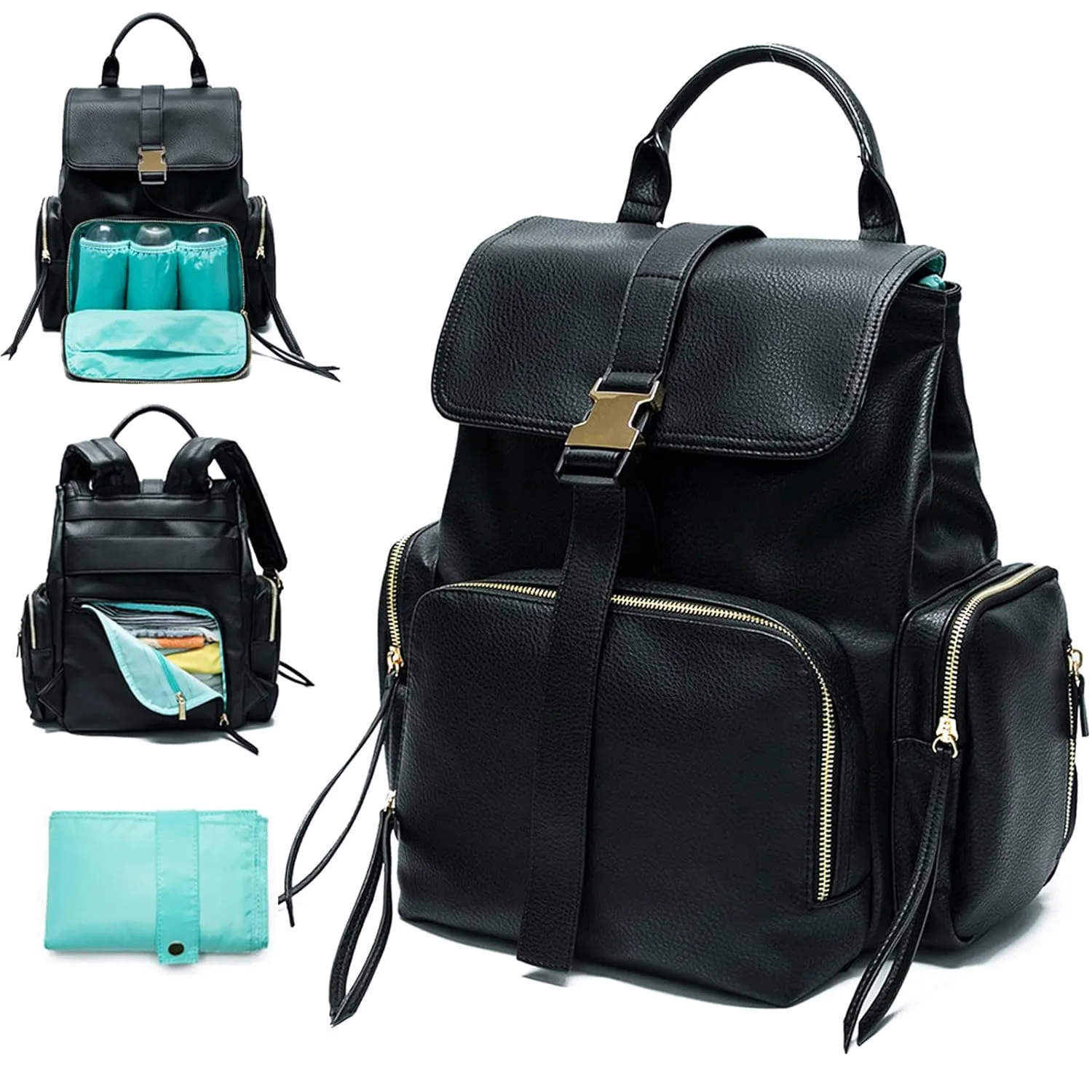MOMINSIDE Diaper Bag Backpack with 14 Pockets, Leather Baby Bag, Large Capacity, Baby Registry, 4 Insulated Pockets, Wet Dry Bag, Changing Pad, Stroller Straps (Black)