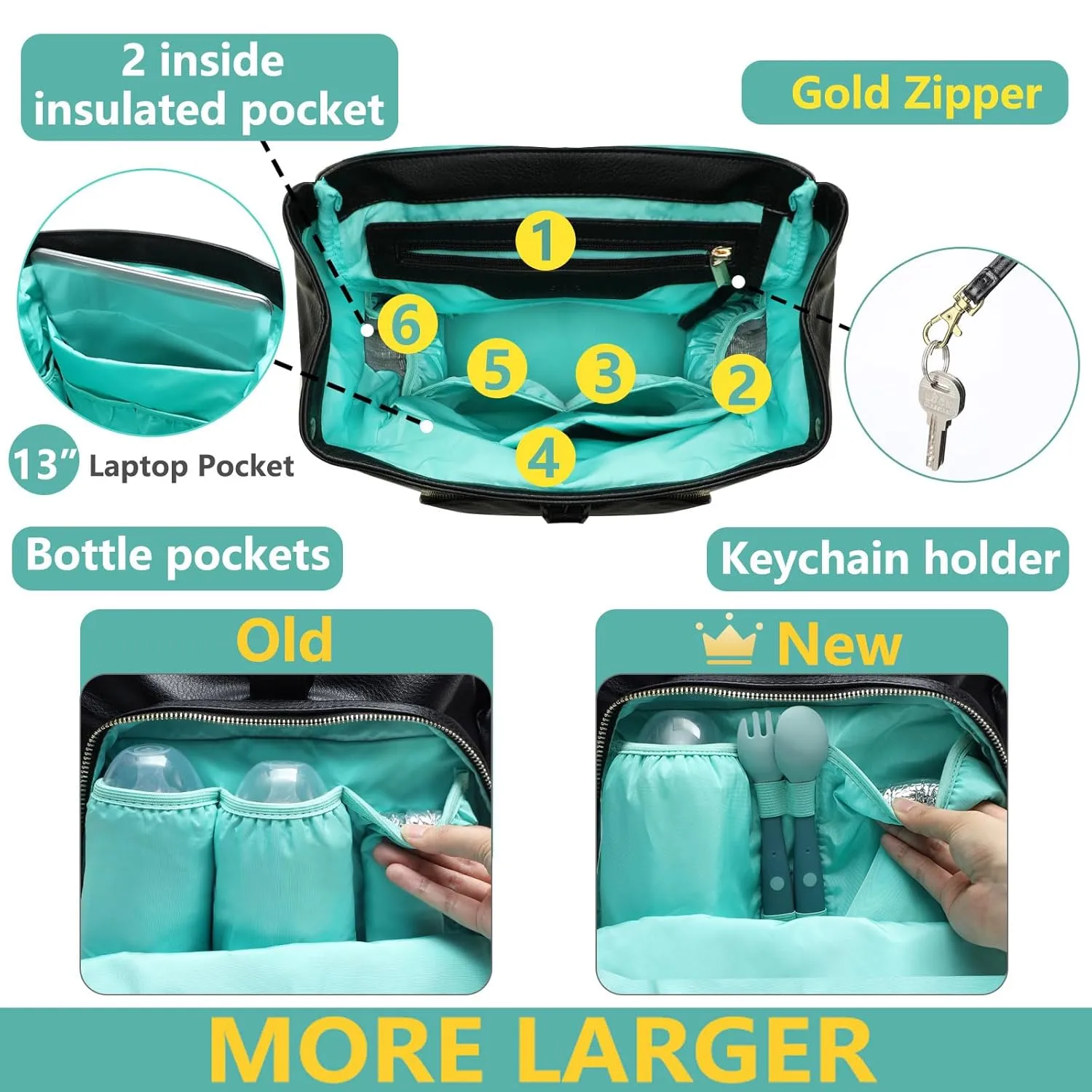 MOMINSIDE Diaper Bag Backpack with 14 Pockets, Leather Baby Bag, Large Capacity, Baby Registry, 4 Insulated Pockets, Wet Dry Bag, Changing Pad, Stroller Straps (Black)