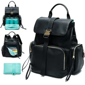 MOMINSIDE Diaper Bag Backpack with 14 Pockets, Leather Baby Bag, Large Capacity, Baby Registry, 4 Insulated Pockets, Wet Dry Bag, Changing Pad, Stroller Straps (Black)