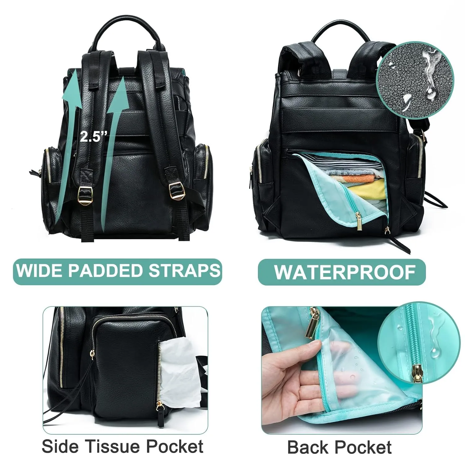 MOMINSIDE Diaper Bag Backpack with 14 Pockets, Leather Baby Bag, Large Capacity, Baby Registry, 4 Insulated Pockets, Wet Dry Bag, Changing Pad, Stroller Straps (Black)