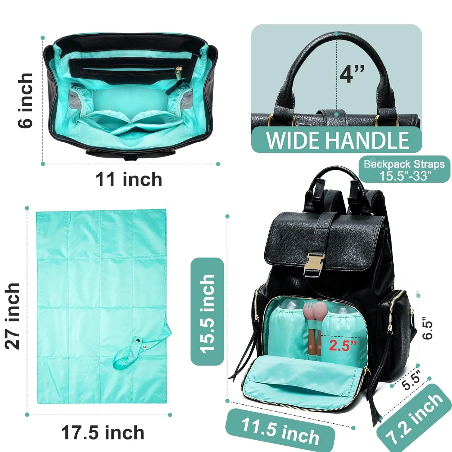 MOMINSIDE Diaper Bag Backpack with 14 Pockets, Leather Baby Bag, Large Capacity, Baby Registry, 4 Insulated Pockets, Wet Dry Bag, Changing Pad, Stroller Straps (Black)