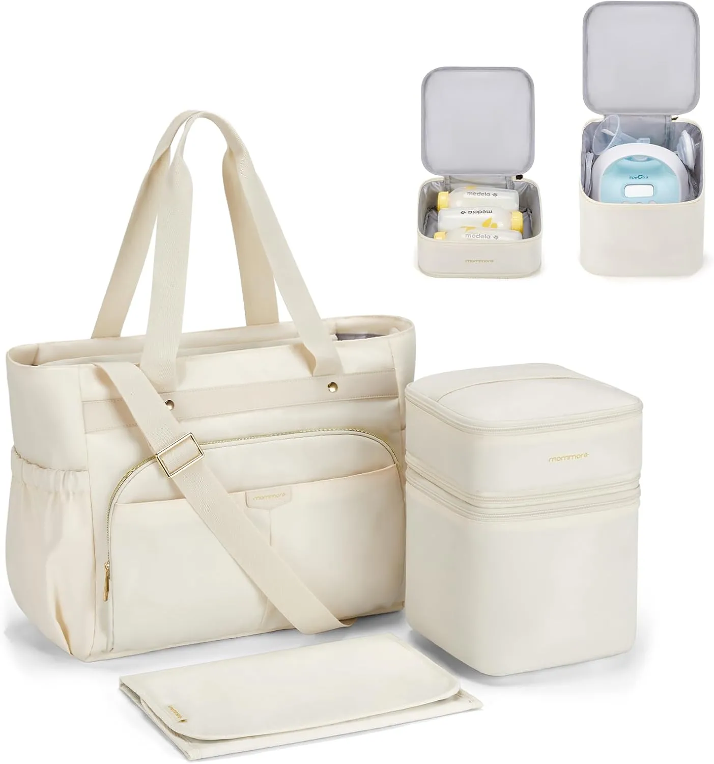 mommore Breast Pump Bag with Cooler for Medela, Spectra S1, S2, Diaper Bag Tote with Changing Pad, Baby Bag for Work