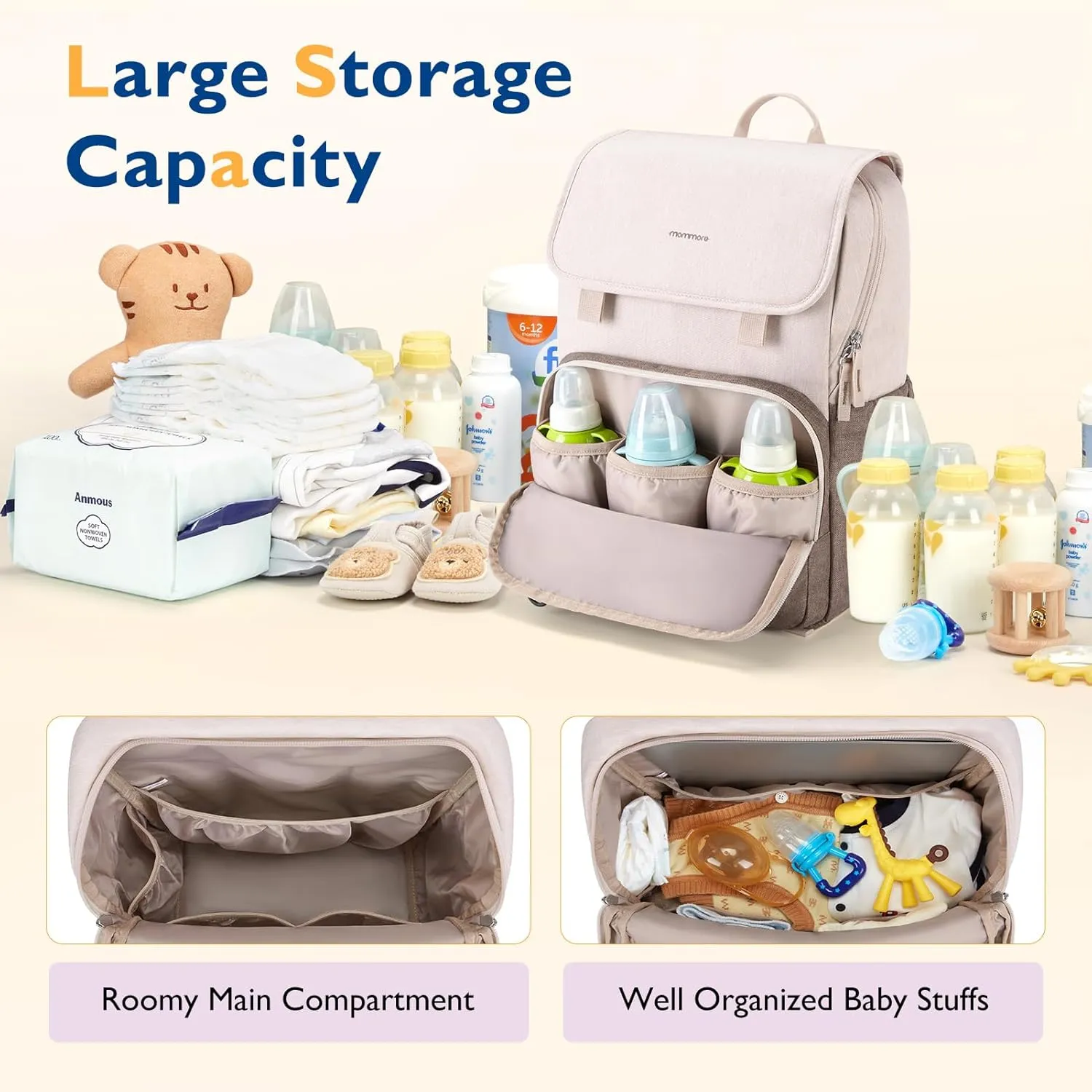 mommore Diaper Bag Backpack Unisex Baby Bag Large Diaper Bag with Changing Pad, Insulated Pockets, Stroller Buckles, Durable Travel Backpack with Luggage Strap