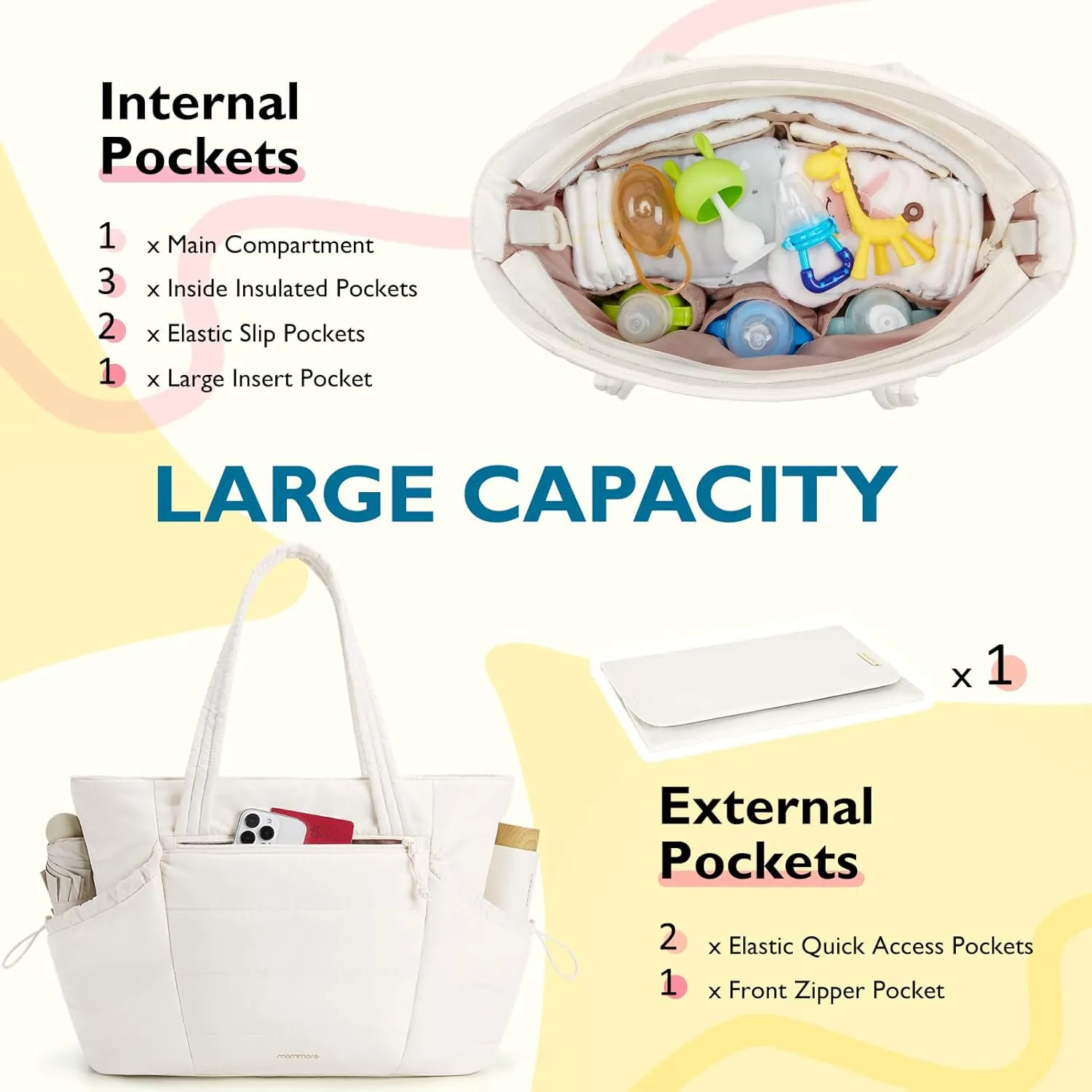 mommore Diaper Bag Tote with Stroller Organizer Puffer Bag Large Capacity Baby Bag with Changing Pad for Travel, Hospital