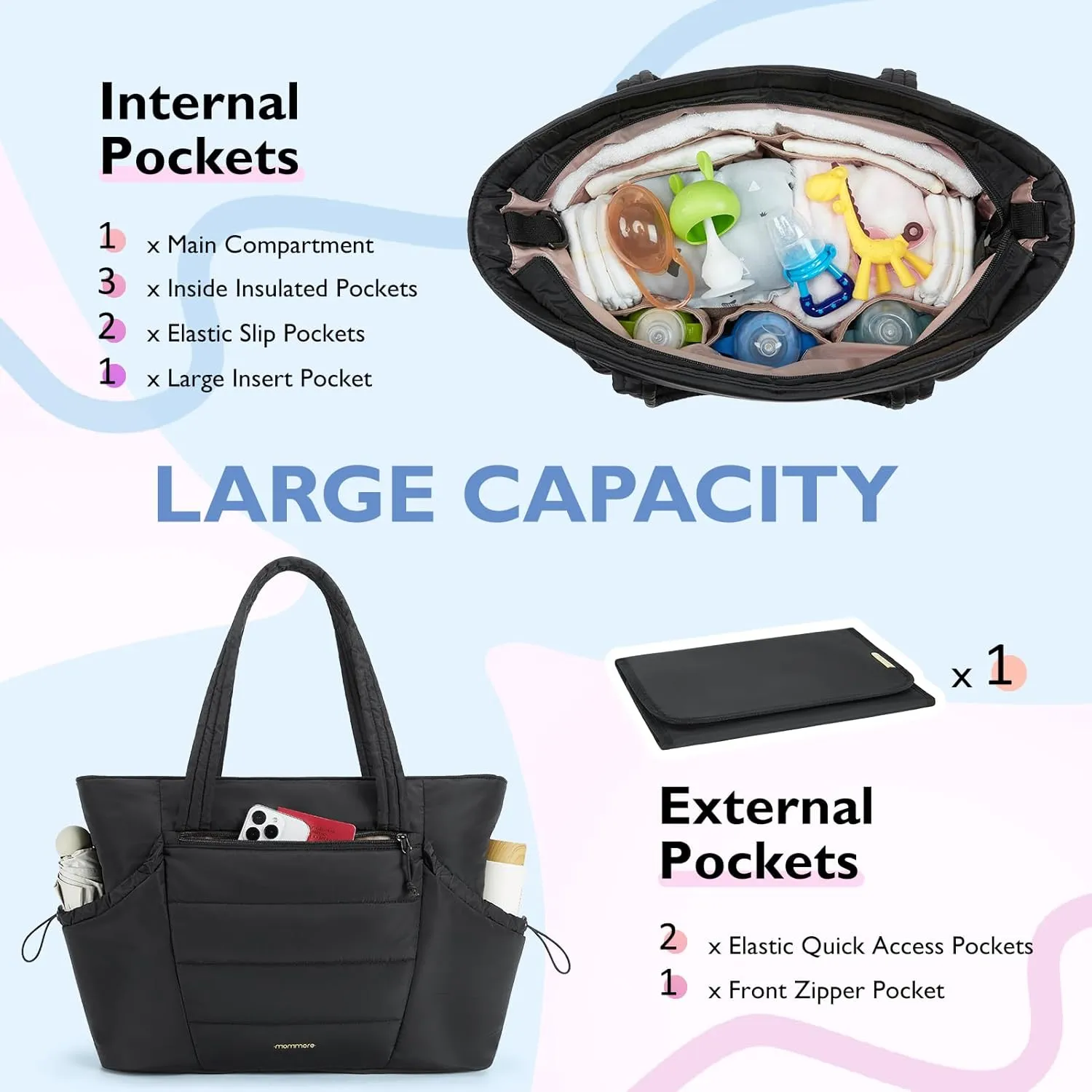 mommore Diaper Bag Tote with Stroller Organizer Puffer Bag Large Capacity Baby Bag with Changing Pad for Travel, Hospital