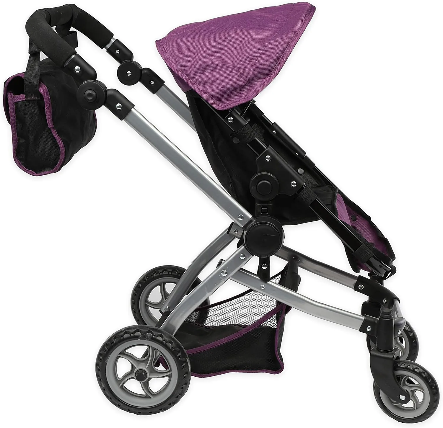 Mommy & Me Babyboo Foldable Doll Stroller with Swiveling Wheels, Doll Pram with Basket, Convertible Seat, Adjustable Handle and Free Carriage Bag - Purple Black