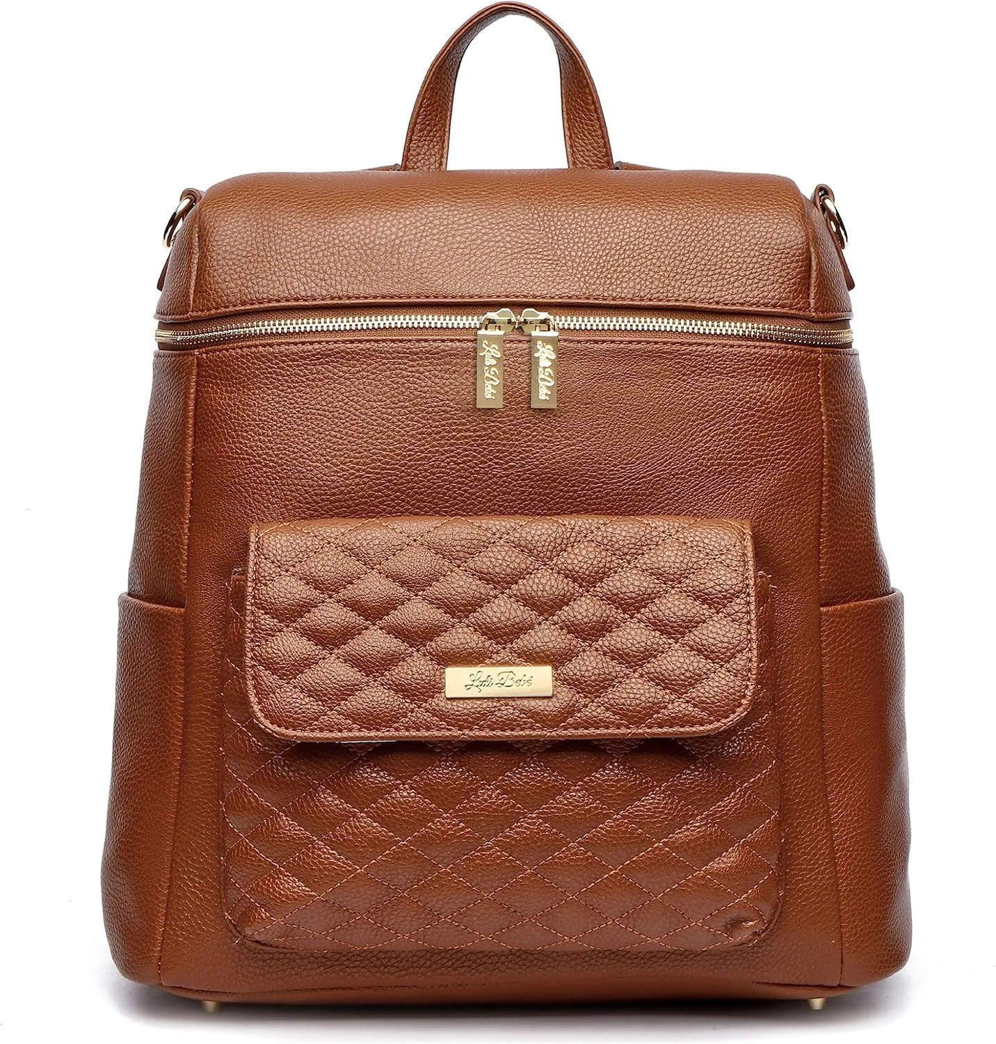 Monaco Large Diaper Bag Backpack by Luli Bebe - Designer Modern Vegan Leather Stylish Baby Backpack Diaper Bag for Mom, Multipurpose, Roomy, with Changing Pad (Caramel Brown)