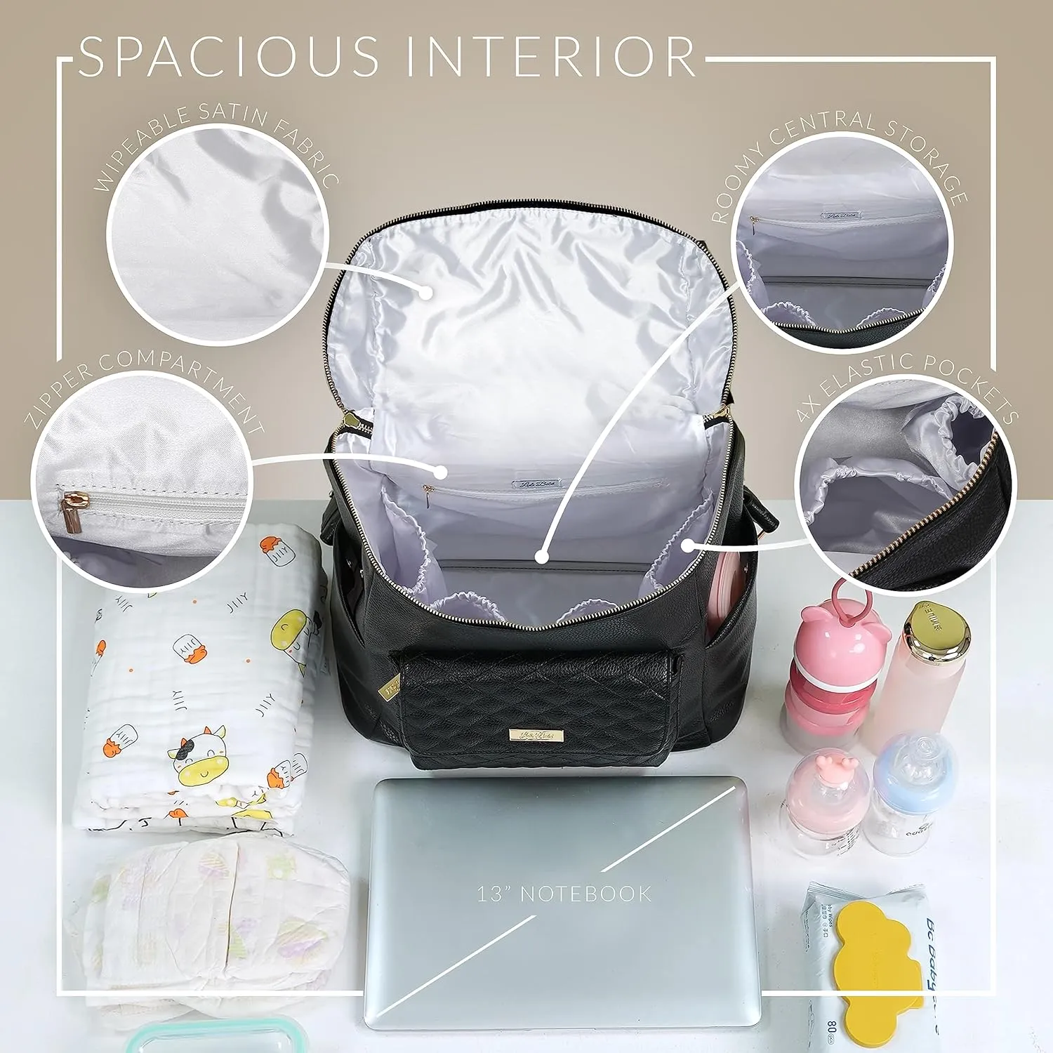 Monaco Large Diaper Bag Backpack by Luli Bebe - Designer Modern Vegan Leather Stylish Baby Backpack Diaper Bag for Mom, Multipurpose, Roomy, with Changing Pad (Caramel Brown)
