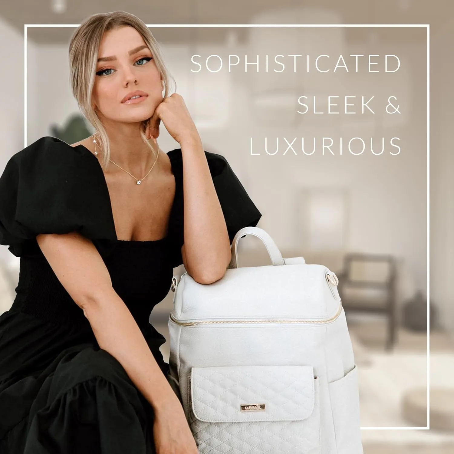 Monaco Large Diaper Bag Backpack by Luli Bebe - Designer Modern Vegan Leather Stylish Baby Backpack Diaper Bag for Mom, Multipurpose, Roomy, with Changing Pad (Pearl White)