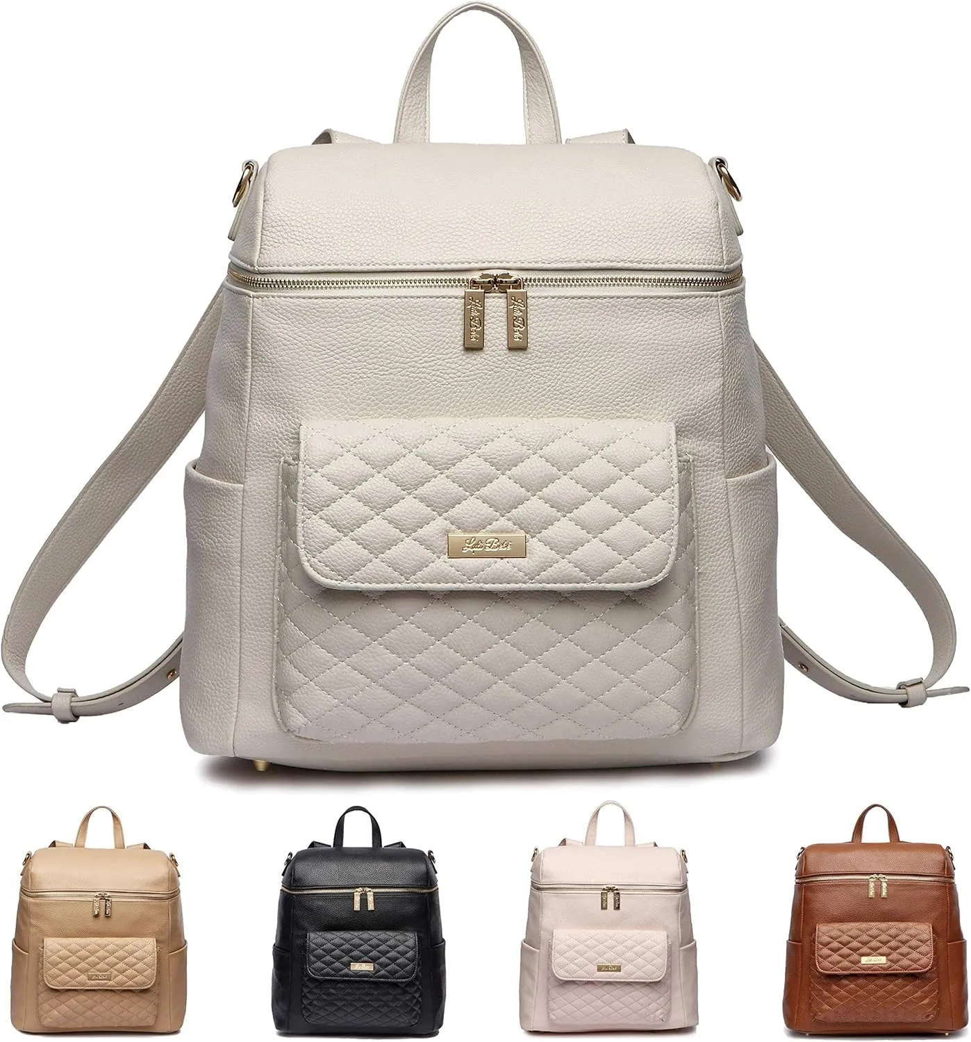 Monaco Large Diaper Bag Backpack by Luli Bebe - Designer Modern Vegan Leather Stylish Baby Backpack Diaper Bag for Mom, Multipurpose, Roomy, with Changing Pad (Pearl White)