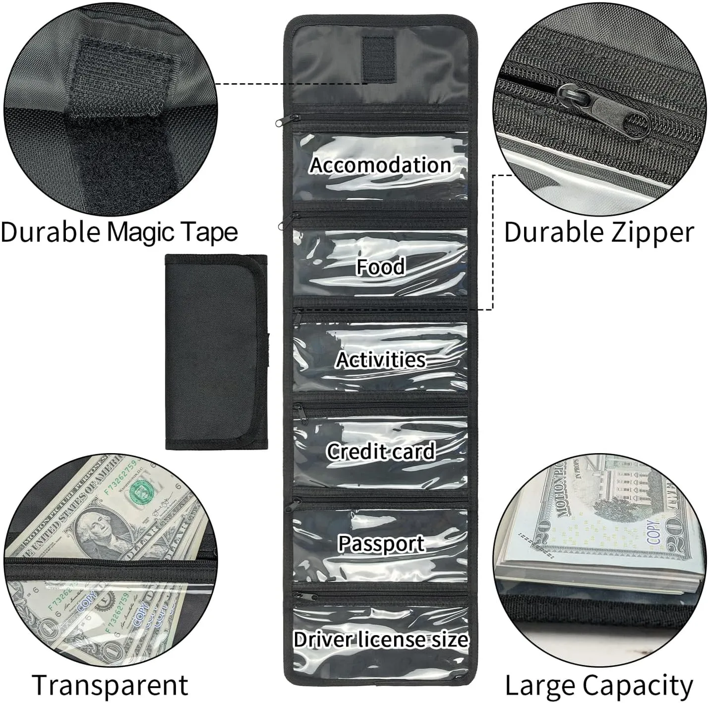 Money Bag, Money Wallet Organizer for Cash with 6 Zippered Pockets, Money Pouch, Bill Organizer, Cash Envelope Wallet Small Travel Holder for Budgeting, Currencies, Receipt, Coins, Coupons and Tips