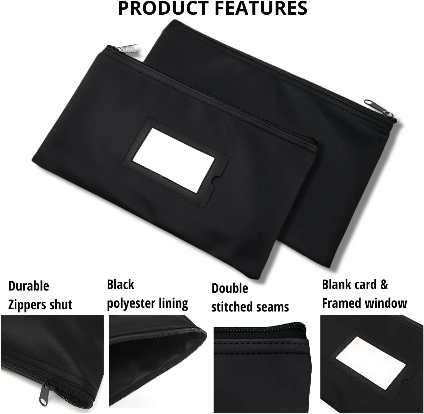 Money Bank Deposit Bag with zipper | 11x6 inch | Black | Durable Leatherette Money Cash Coin Check Wallet Pouch for Men & Women with Framed ID Window and Blank Card (3)