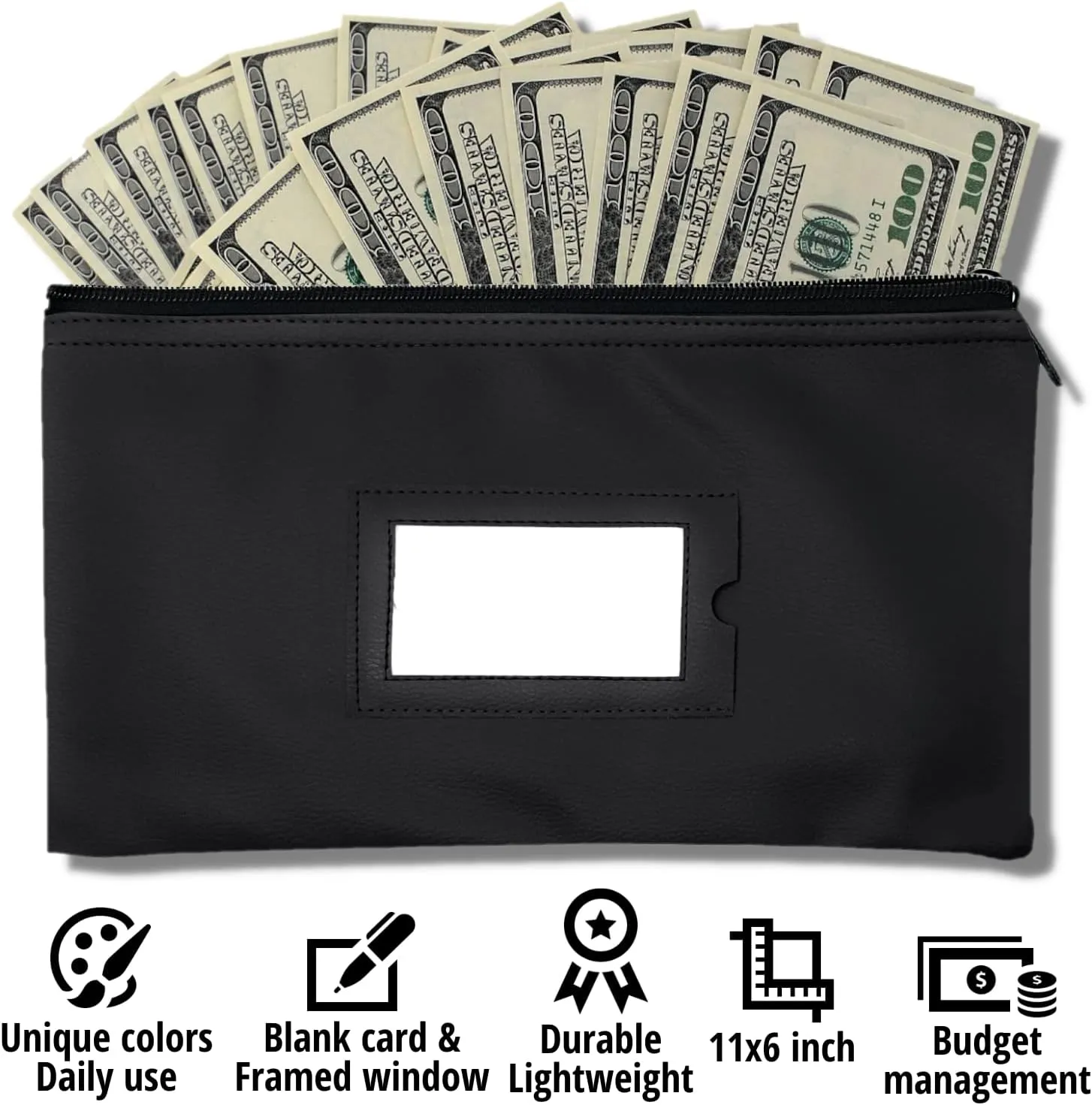 Money Bank Deposit Bag with zipper | 11x6 inch | Black | Durable Leatherette Money Cash Coin Check Wallet Pouch for Men & Women with Framed ID Window and Blank Card (3)