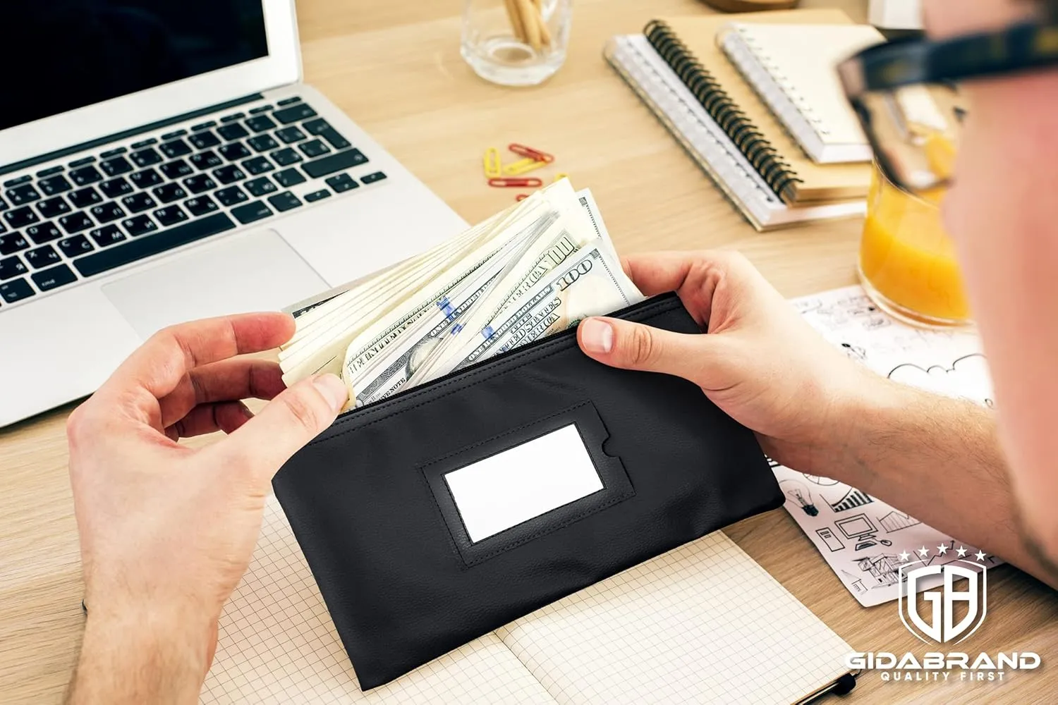 Money Bank Deposit Bag with zipper | 11x6 inch | Black | Durable Leatherette Money Cash Coin Check Wallet Pouch for Men & Women with Framed ID Window and Blank Card | by GIDABRAND (7)