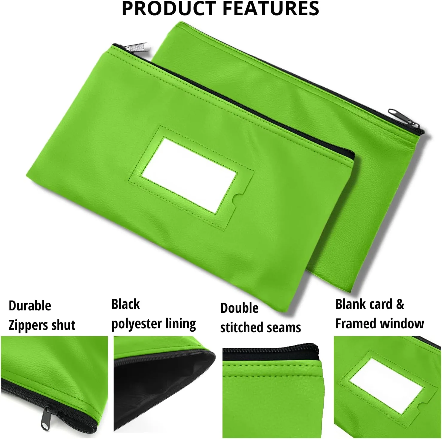 Money Bank Deposit Bag with Zipper | 11x6 inch | Light Green | Durable Leatherette Money Cash Coin Check Wallet Pouch for Men & Women with Framed ID Window and Blank Card | by GIDABRAND (5)