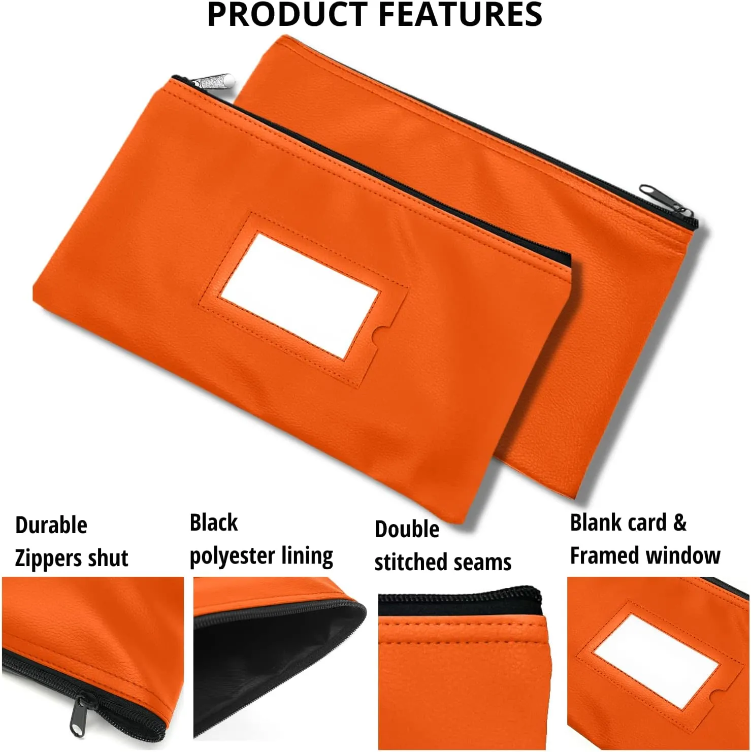 Money Bank Deposit Bag with Zipper | 11x6 inch | Orange | Durable Leatherette Money Cash Coin Check Wallet Pouch for Men & Women with Framed ID Window and Blank Card (7)