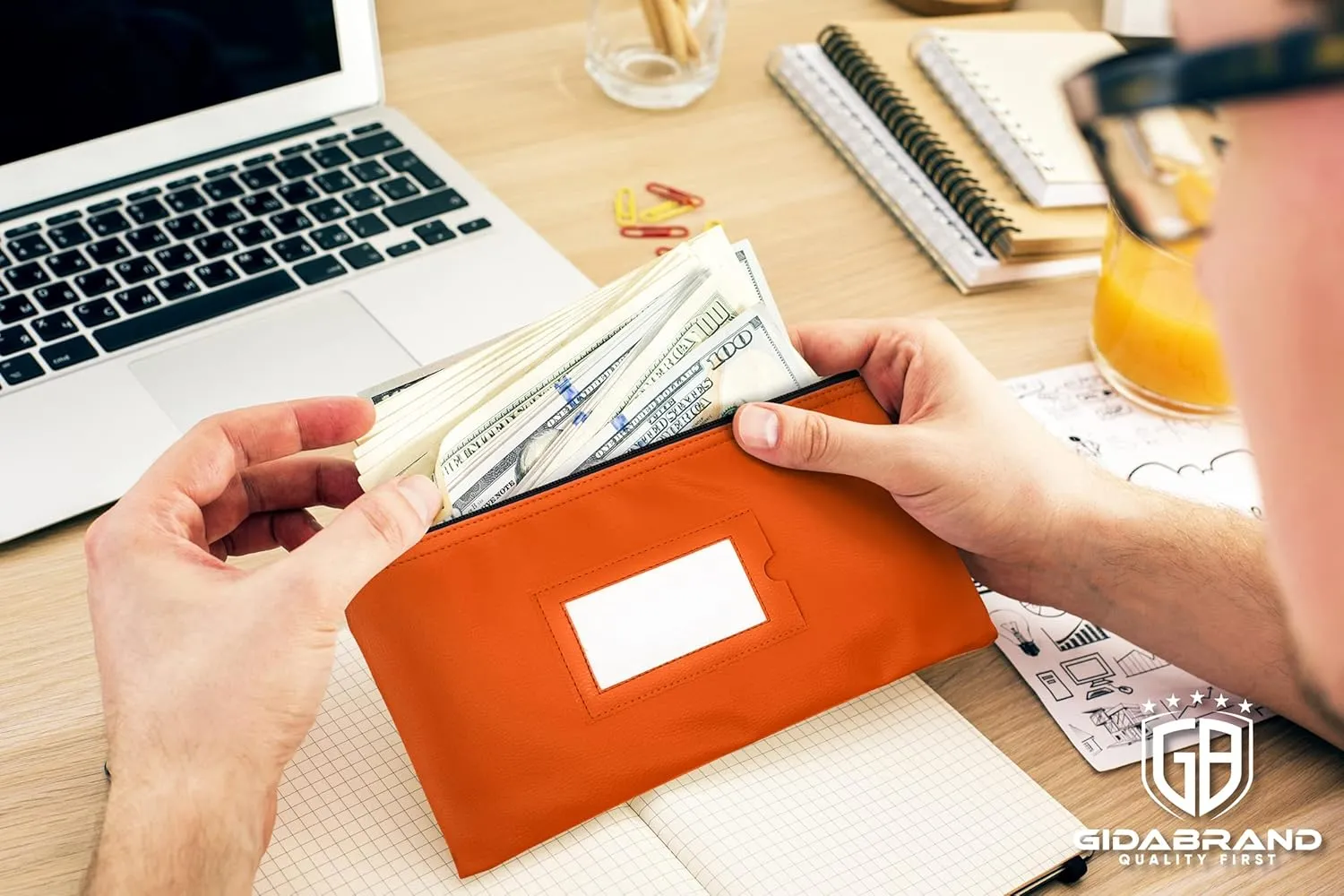 Money Bank Deposit Bag with Zipper | 11x6 inch | Orange | Durable Leatherette Money Cash Coin Check Wallet Pouch for Men & Women with Framed ID Window and Blank Card (7)