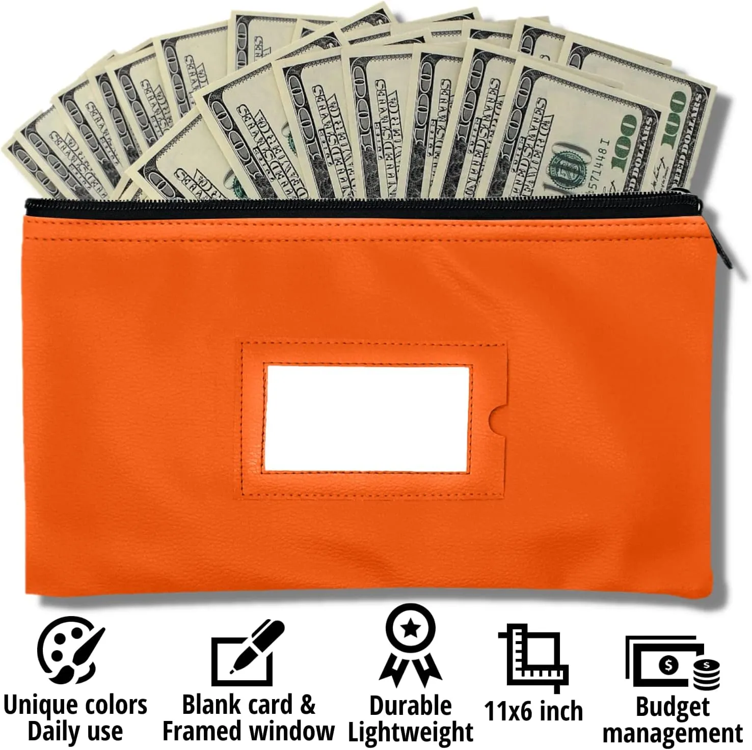 Money Bank Deposit Bag with Zipper | 11x6 inch | Orange | Durable Leatherette Money Cash Coin Check Wallet Pouch for Men & Women with Framed ID Window and Blank Card (7)