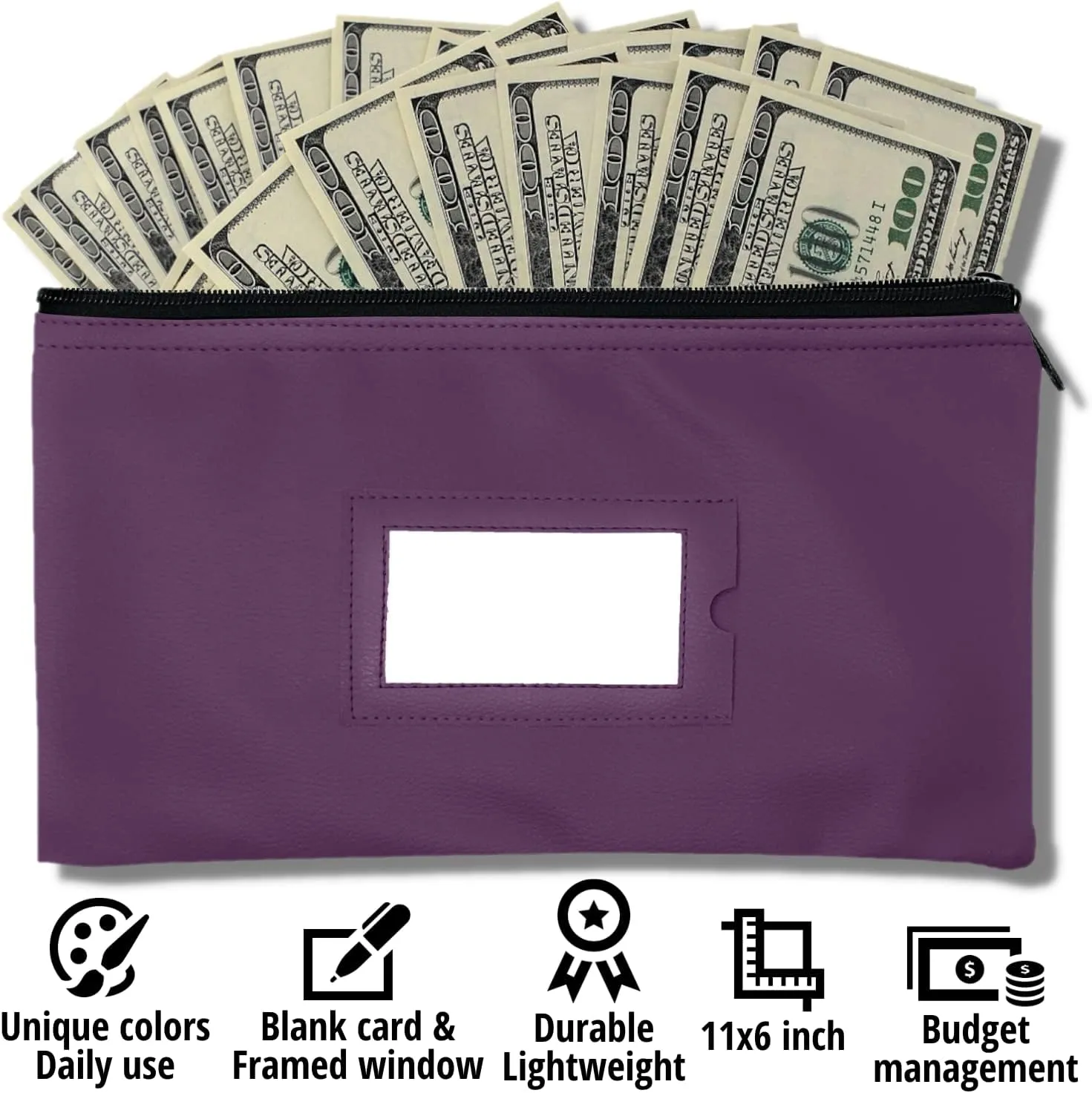 Money Bank Deposit Bag with Zipper | 11x6 inch | Purple | Durable Leatherette Money Cash Coin Check Wallet Pouch for Men & Women with Framed ID Window and Blank Card | by GIDABRAND (5)
