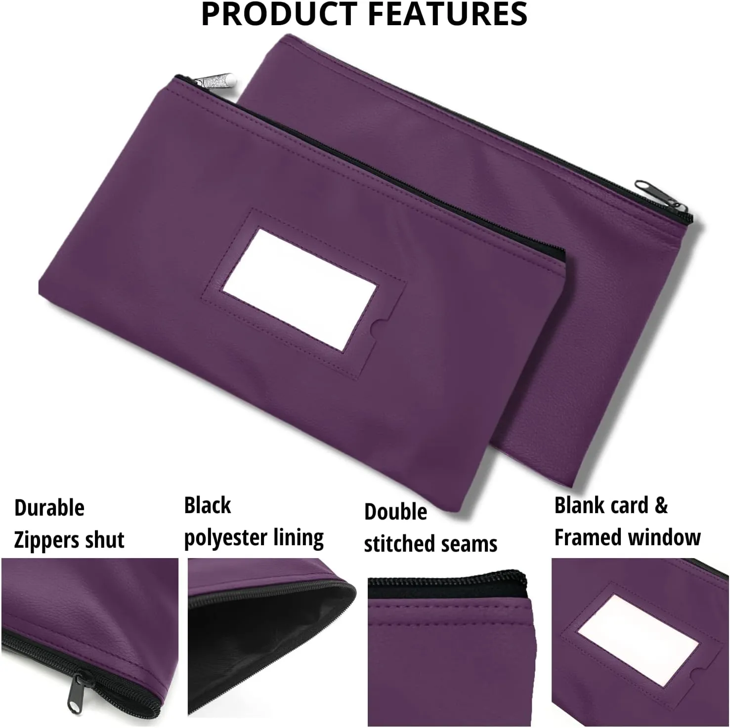 Money Bank Deposit Bag with Zipper | 11x6 inch | Purple | Durable Leatherette Money Cash Coin Check Wallet Pouch for Men & Women with Framed ID Window and Blank Card | by GIDABRAND (5)