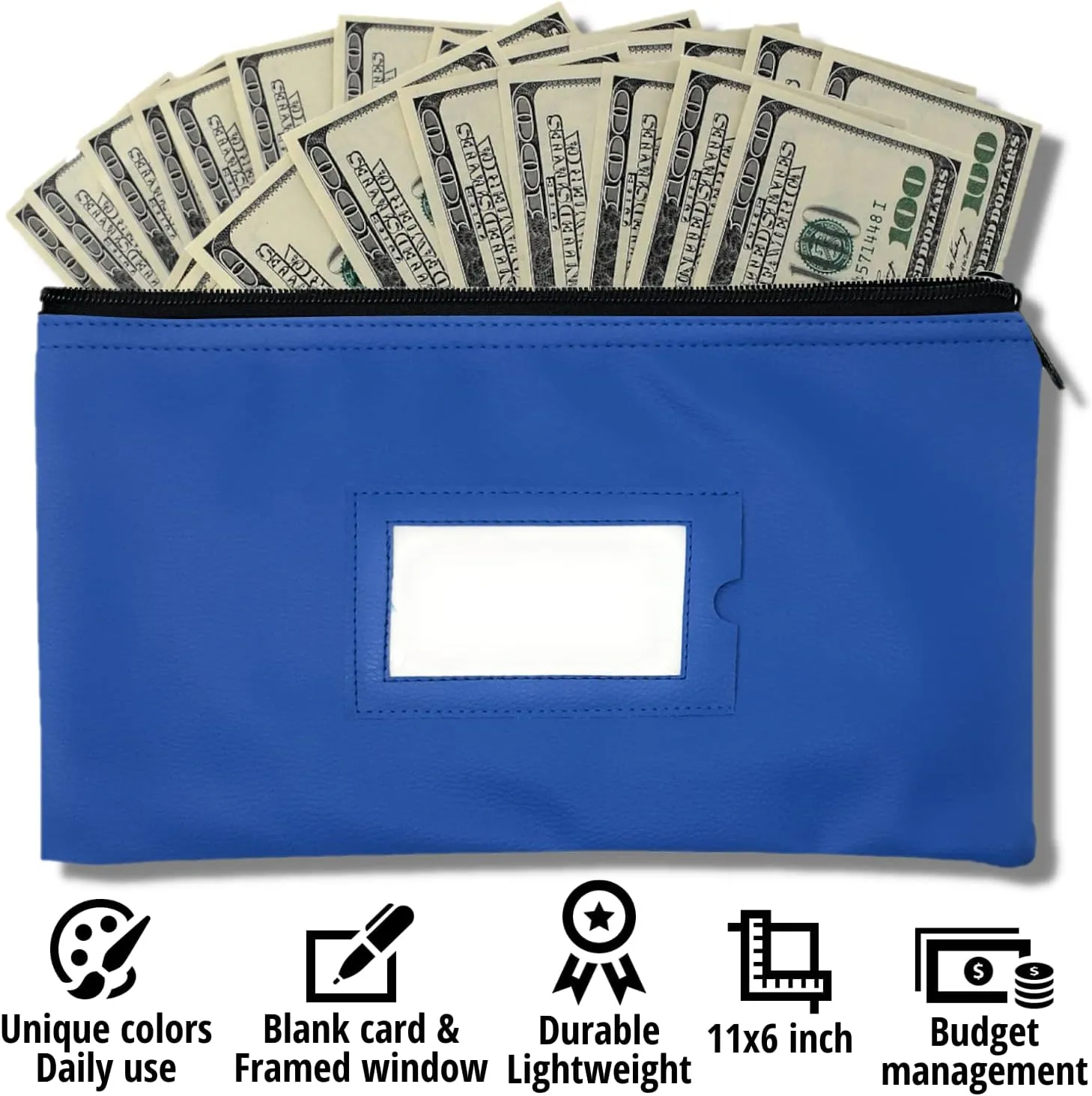 Money Bank Deposit Bag with Zipper | 11x6 inch | Sky Blue | Durable Leatherette Money Cash Coin Check Wallet Pouch for Men & Women with Framed ID Window and Blank Card | by GIDABRAND (5)