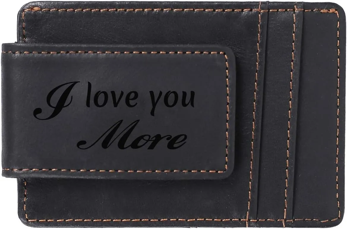 Money Clip For Men, Personalized mens Front Pocket Wallet With Money Clip, Genuine Leather Wallets, Gift For Men (black Love you more)